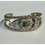 Vintage Mexico Alpaca Silver Abalone Shell Inlay Floral Cuff Bracelet