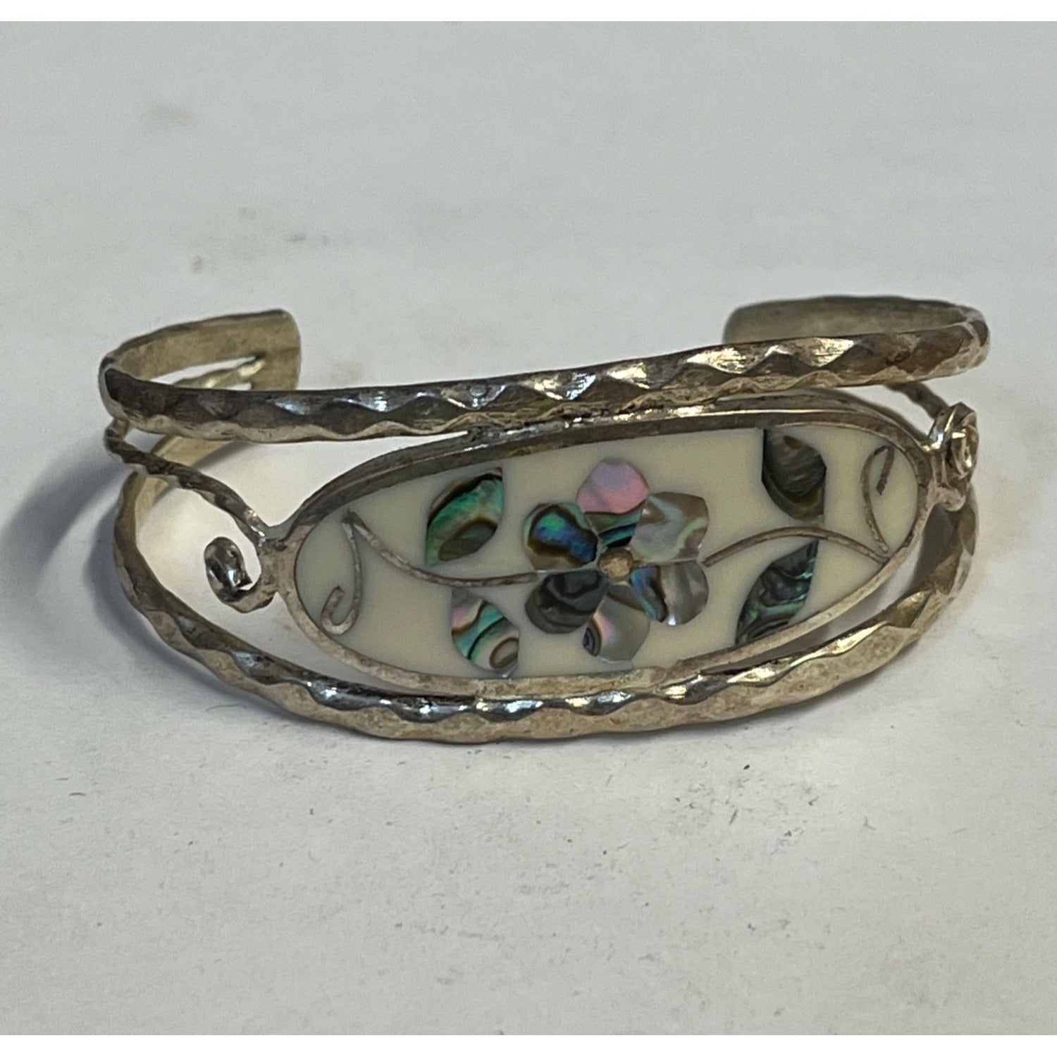 Vintage Mexico Alpaca Silver Abalone Shell Inlay Floral Cuff Bracelet