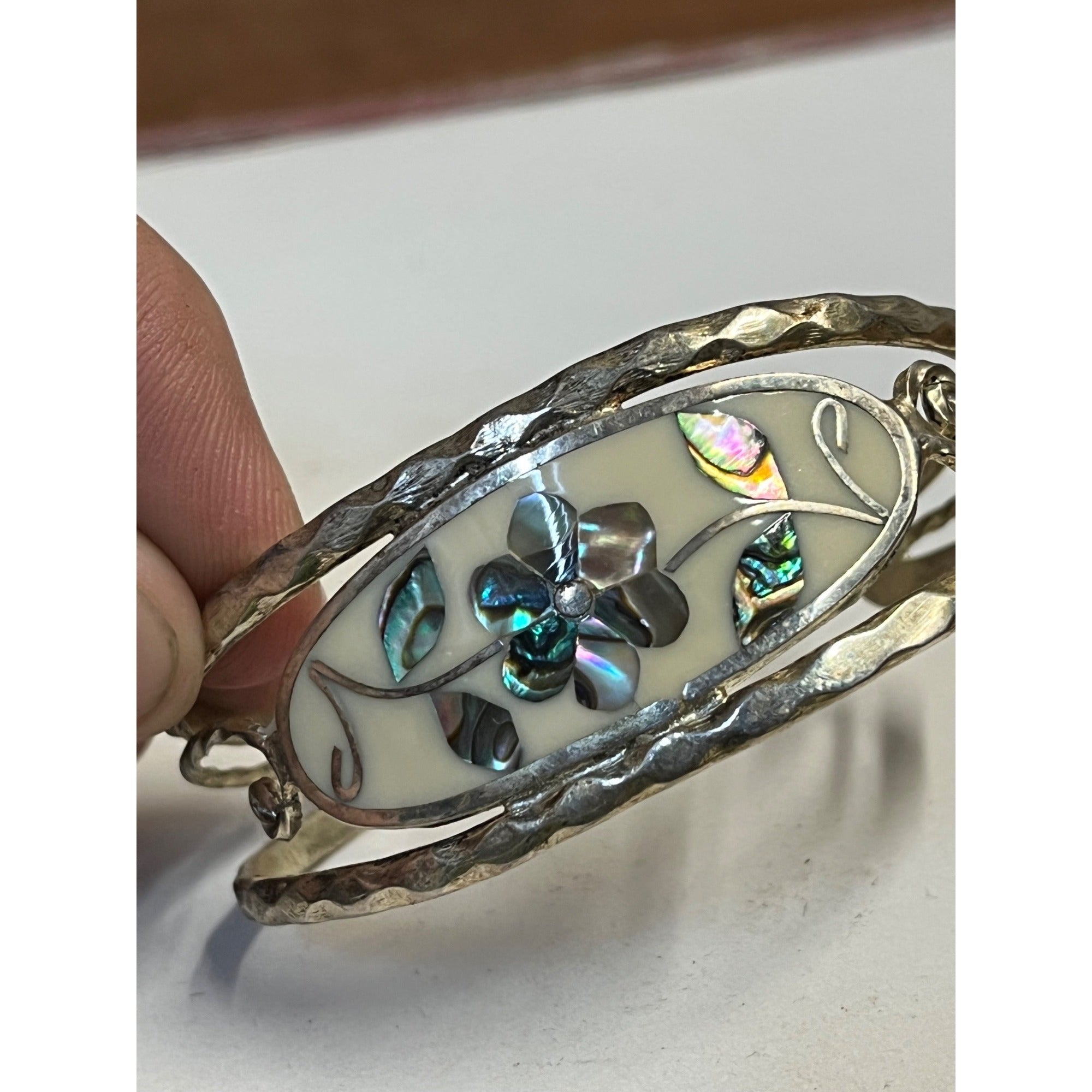 Vintage Mexico Alpaca Silver Abalone Shell Inlay Floral Cuff Bracelet