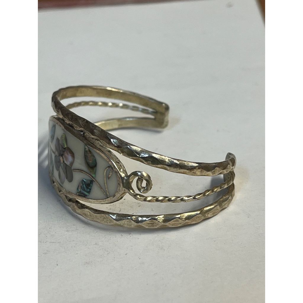 Vintage Mexico Alpaca Silver Abalone Shell Inlay Floral Cuff Bracelet