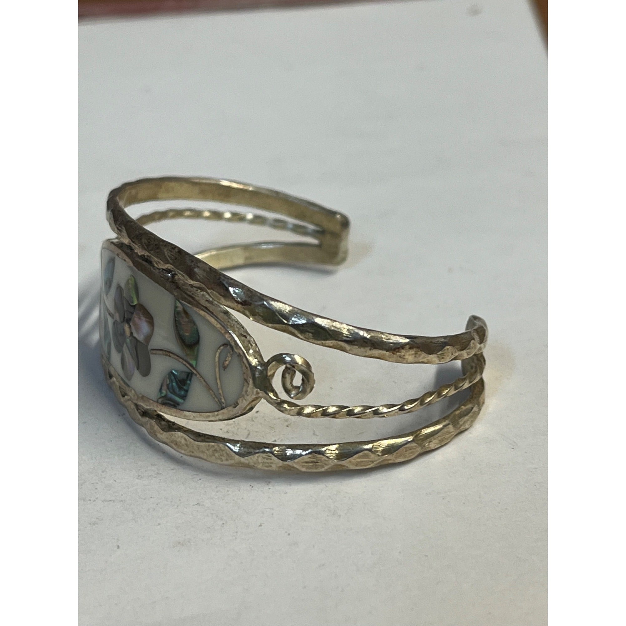 Vintage Mexico Alpaca Silver Abalone Shell Inlay Floral Cuff Bracelet