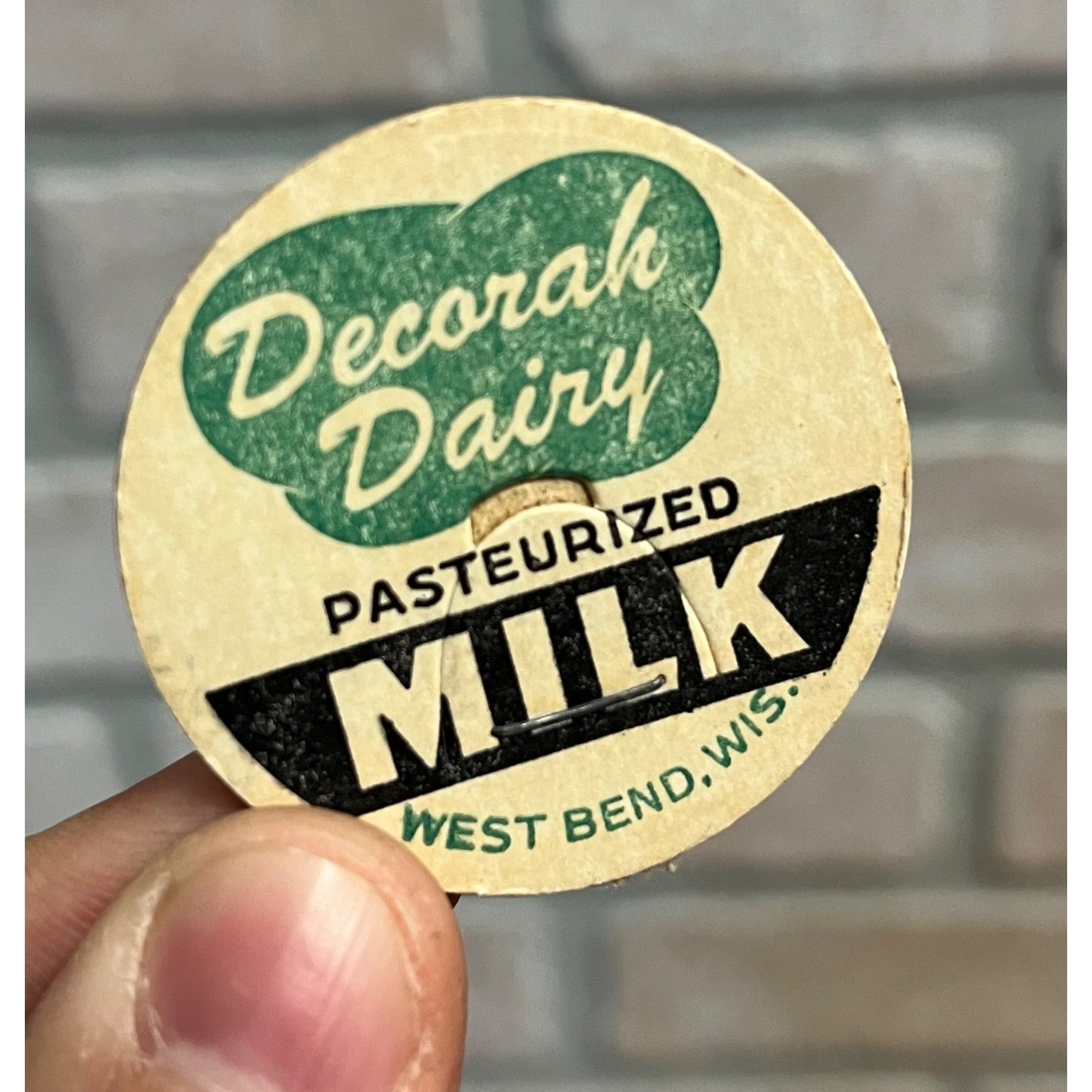 Milk Bottle Cap - Decorah Dairy - West Bend Wisconsin - Farm Advertising WI Wis
