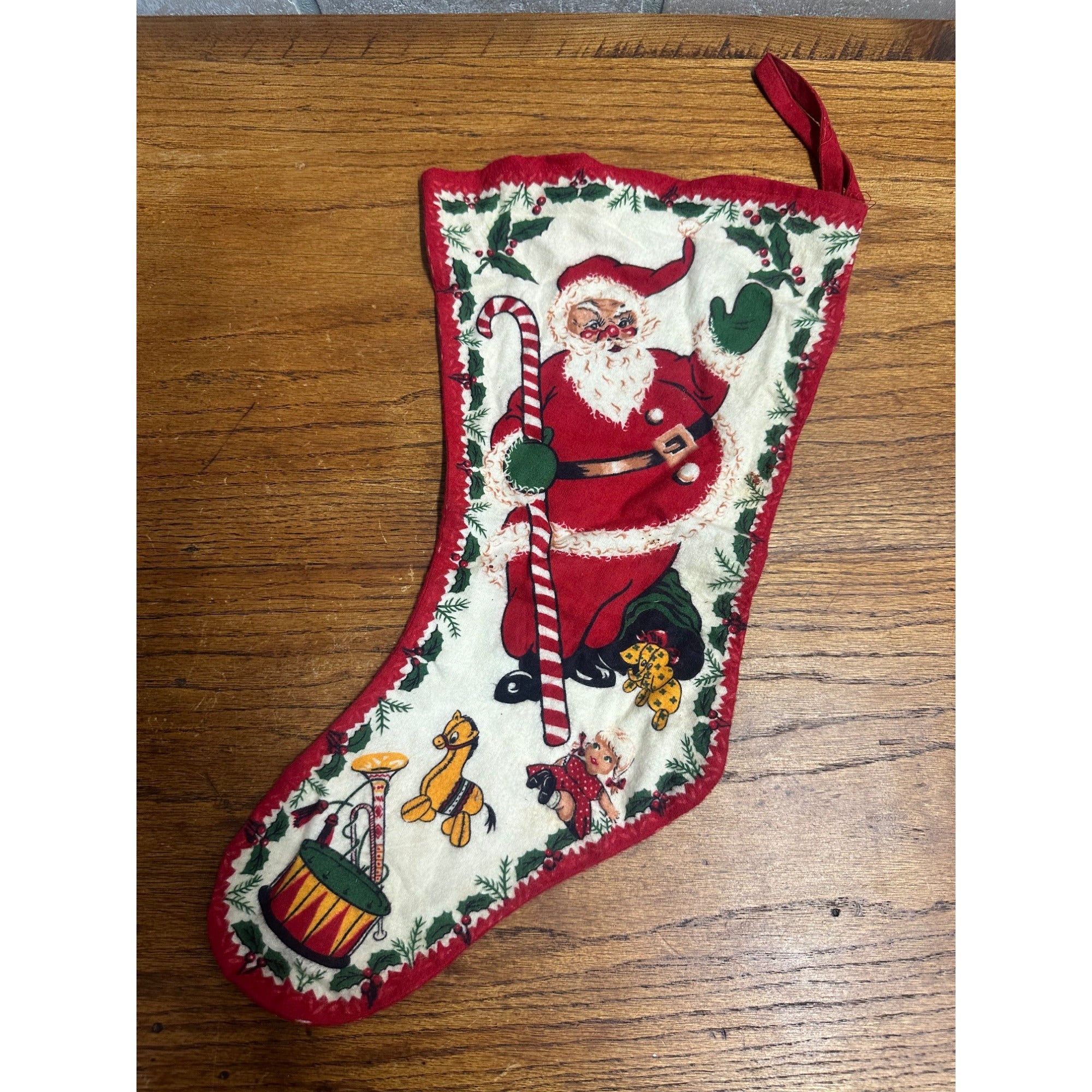 Vintage 1950s Christmas Santa Felt Stocking 17" Candy Cane Girl Toys