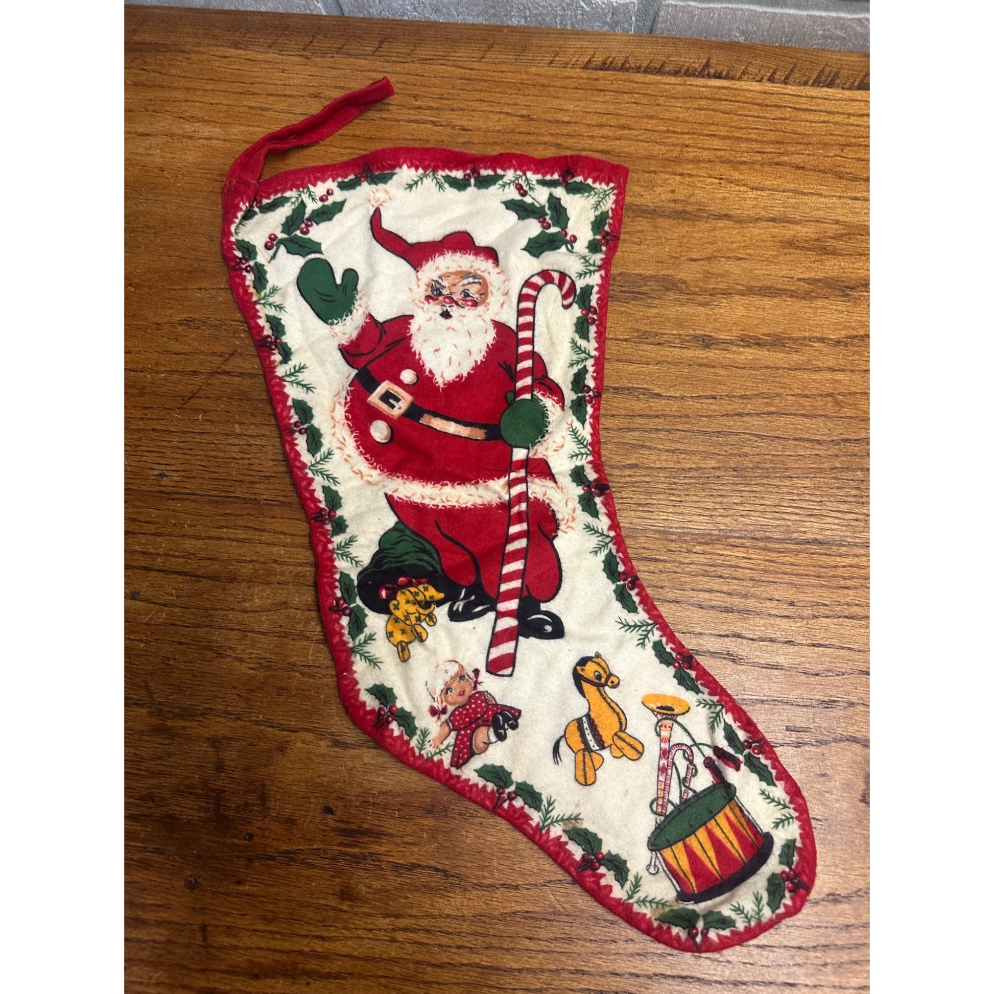 Vintage 1950s Christmas Santa Felt Stocking 17" Candy Cane Girl Toys
