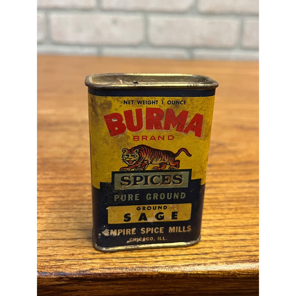 Antique Burma Sage Spice Tin Empire Mills Chicago IL Tiger Country Store Food