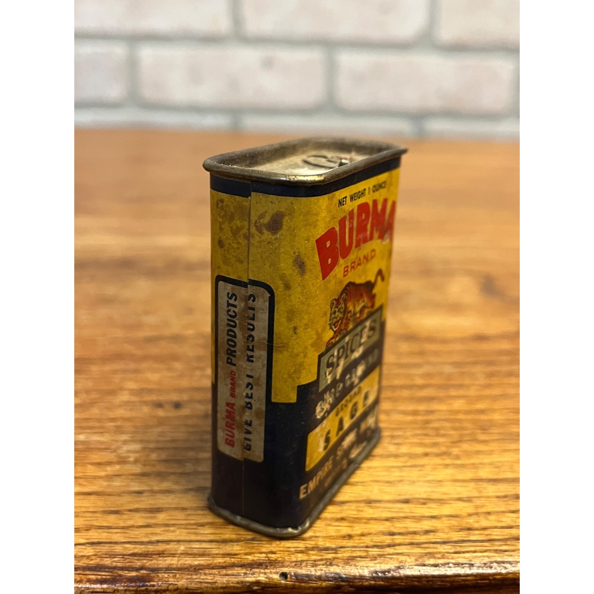 Antique Burma Sage Spice Tin Empire Mills Chicago IL Tiger Country Store Food
