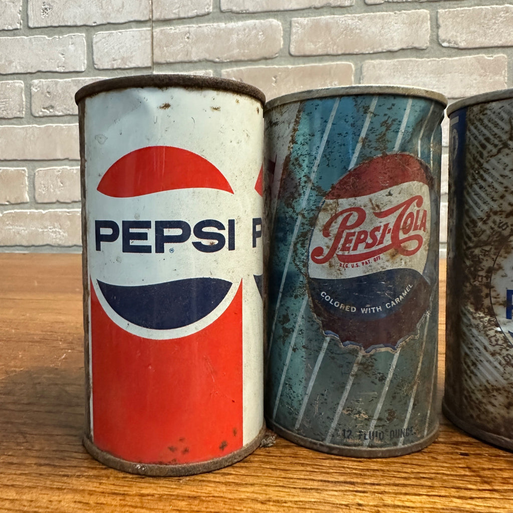 Vintage Pepsi Cola Flat Top Pull Tab Soda Cans Rusty Diet Blue Striped
