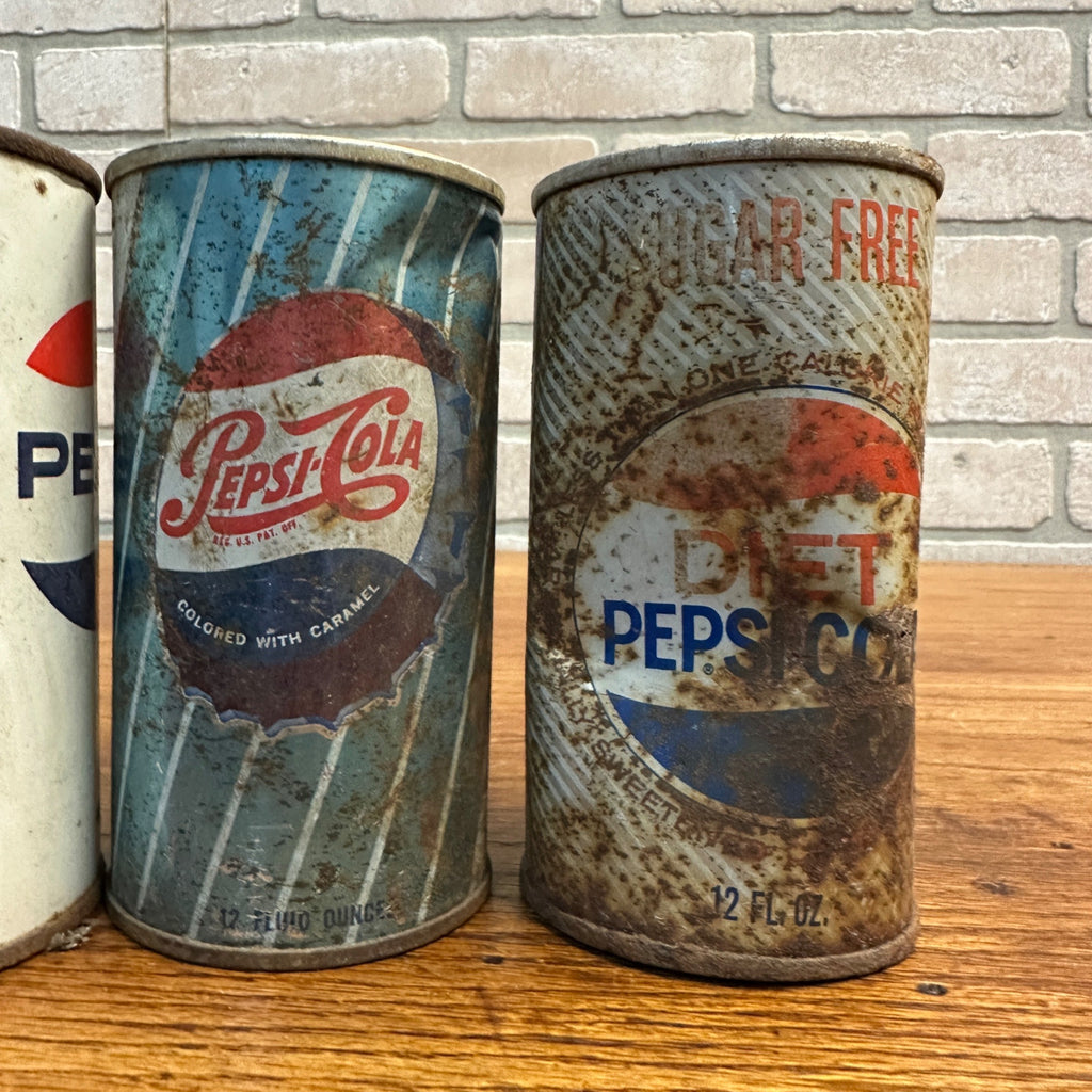 Vintage Pepsi Cola Flat Top Pull Tab Soda Cans Rusty Diet Blue Striped