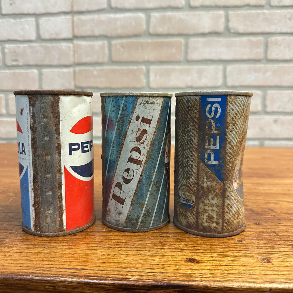 Vintage Pepsi Cola Flat Top Pull Tab Soda Cans Rusty Diet Blue Striped
