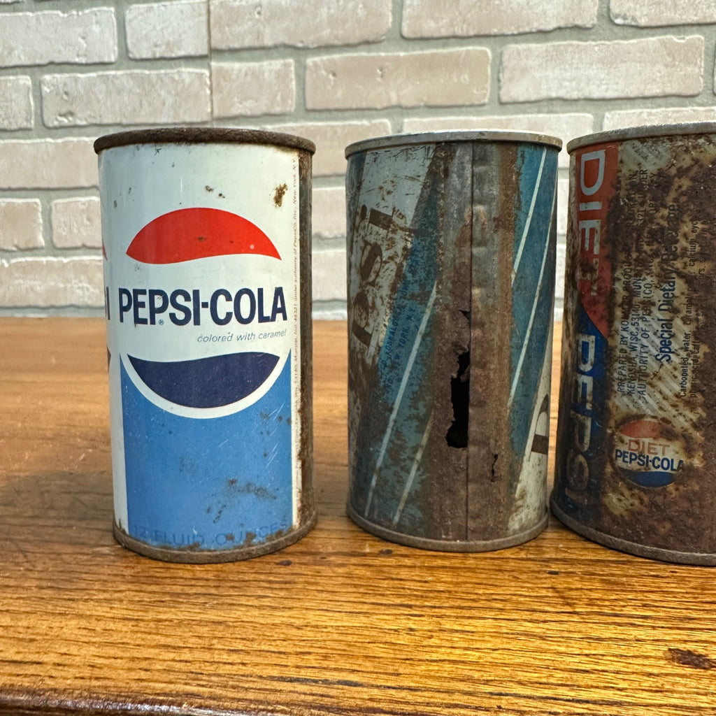 Vintage Pepsi Cola Flat Top Pull Tab Soda Cans Rusty Diet Blue Striped