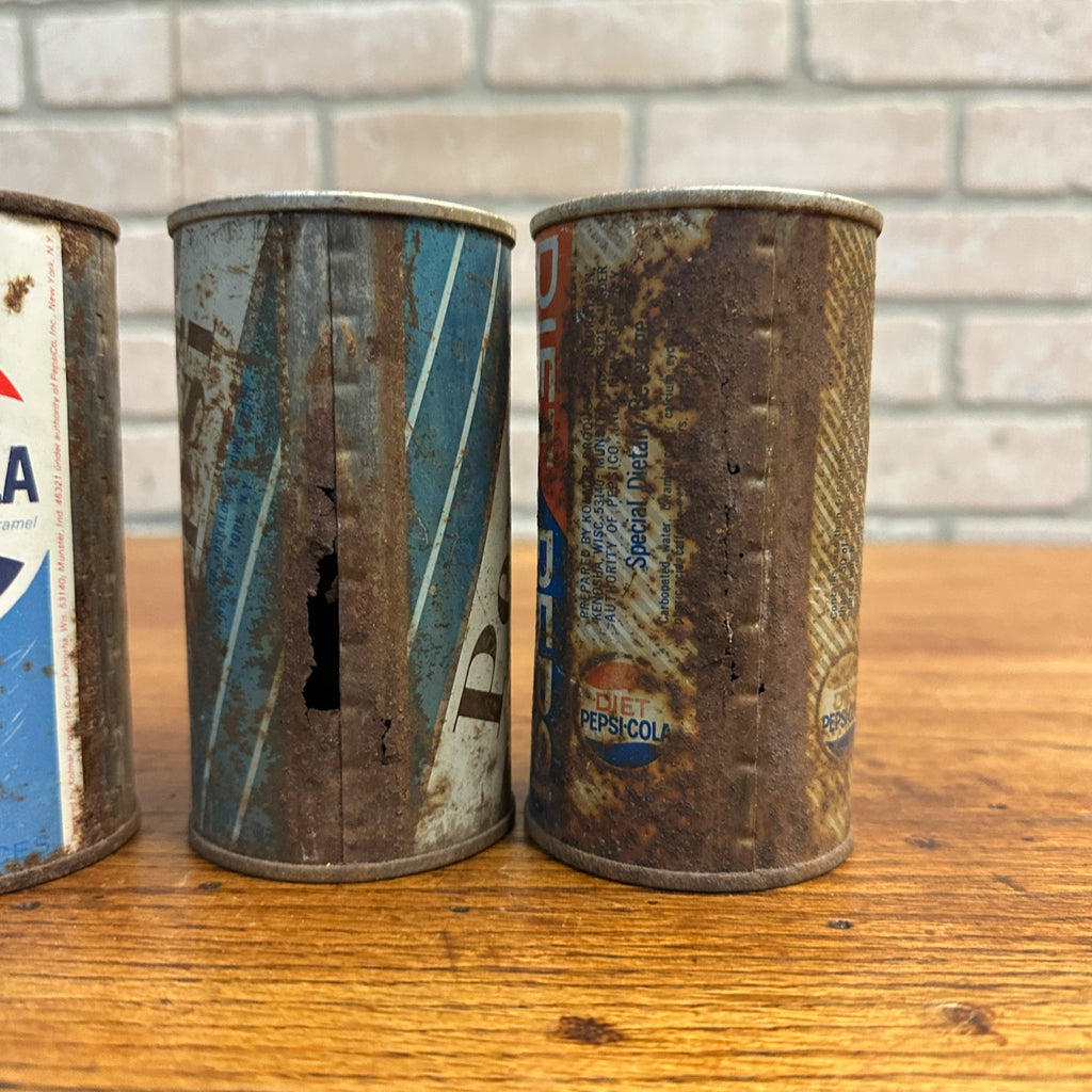 Vintage Pepsi Cola Flat Top Pull Tab Soda Cans Rusty Diet Blue Striped