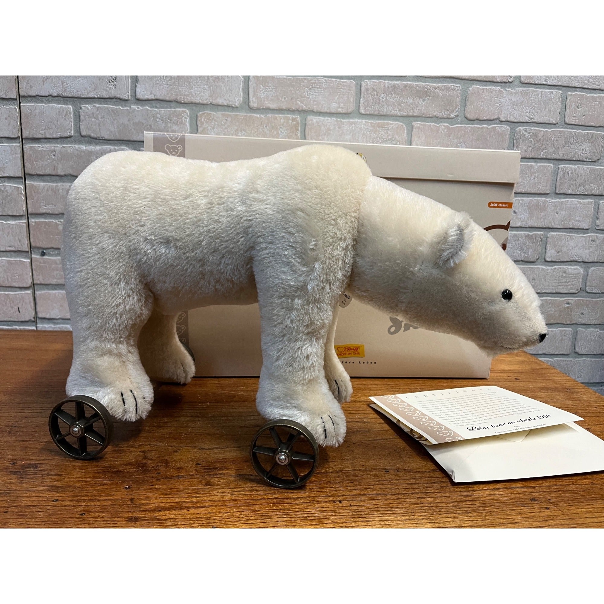 Steiff Polar Bear On Wheels #400544 All Tags, Button, Box 1910 Repro 402/1000