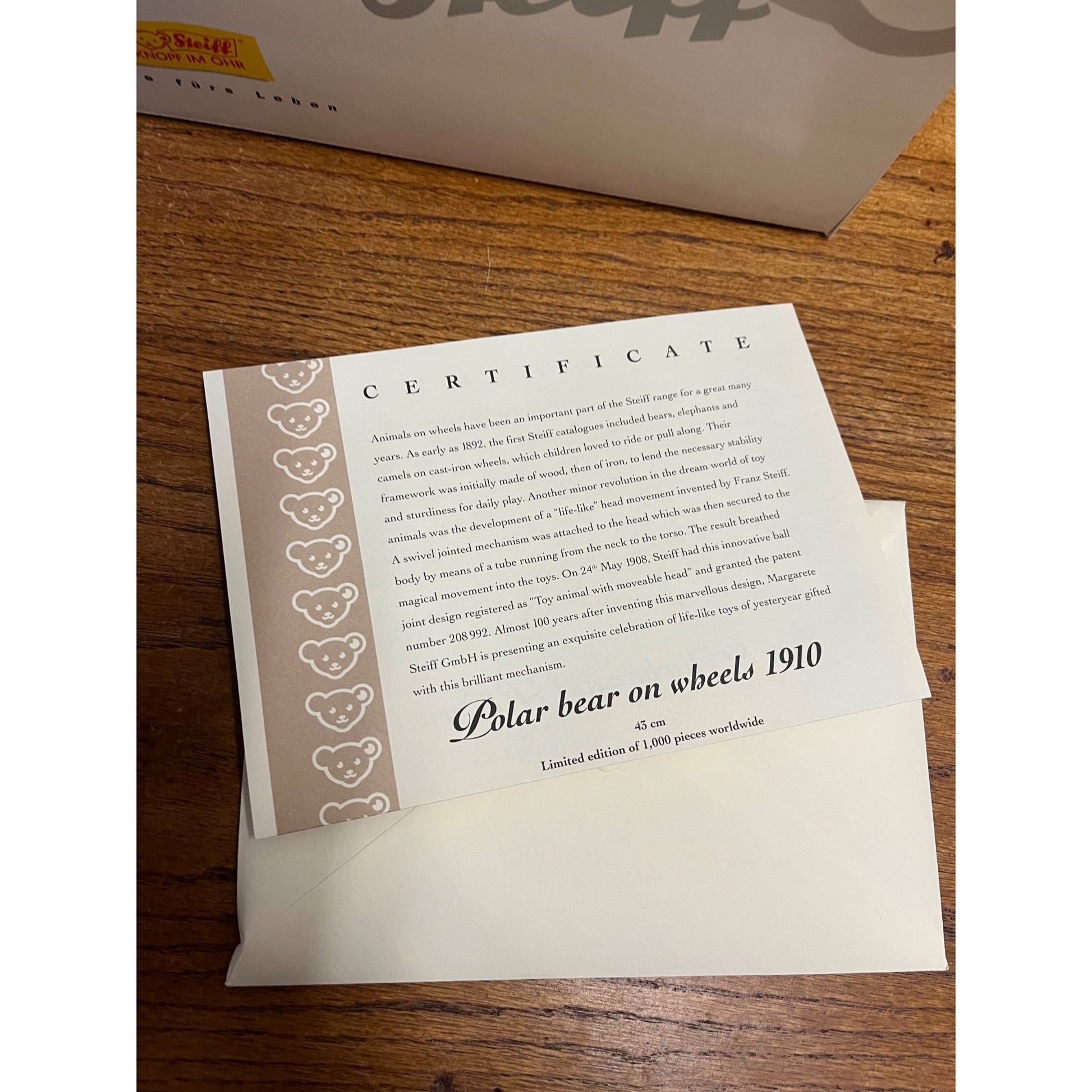Steiff Polar Bear On Wheels #400544 All Tags, Button, Box 1910 Repro 402/1000