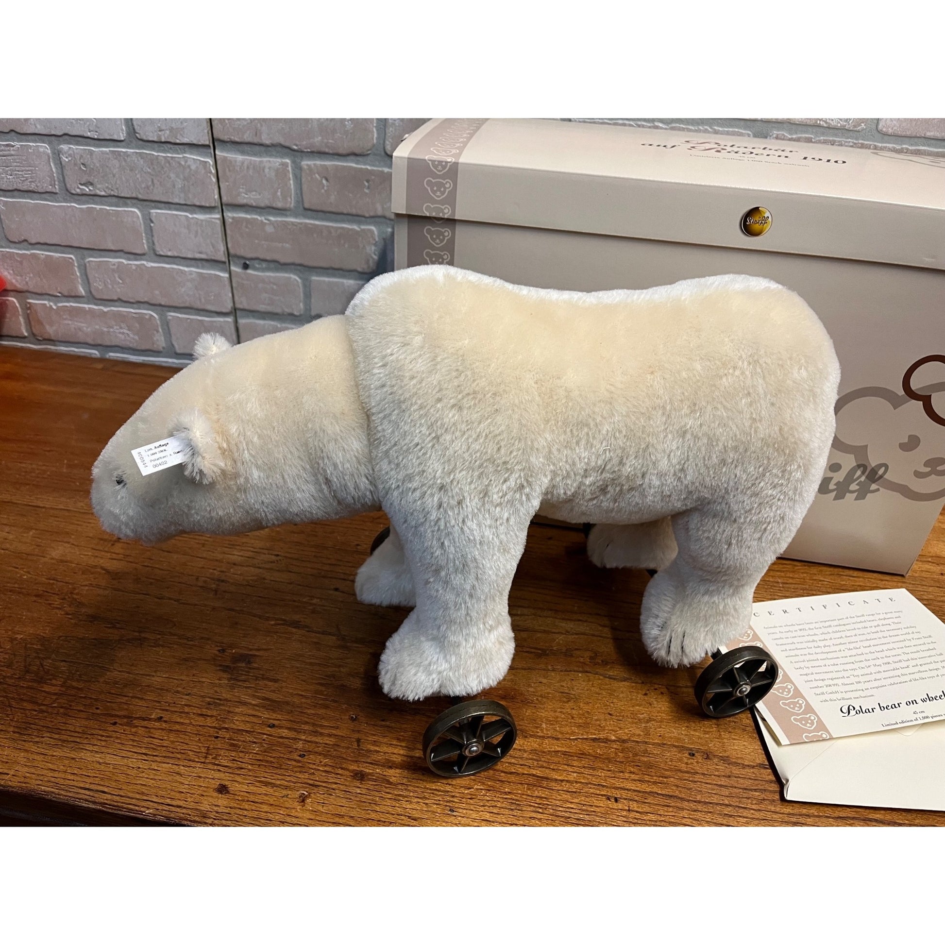 Steiff Polar Bear On Wheels #400544 All Tags, Button, Box 1910 Repro 402/1000