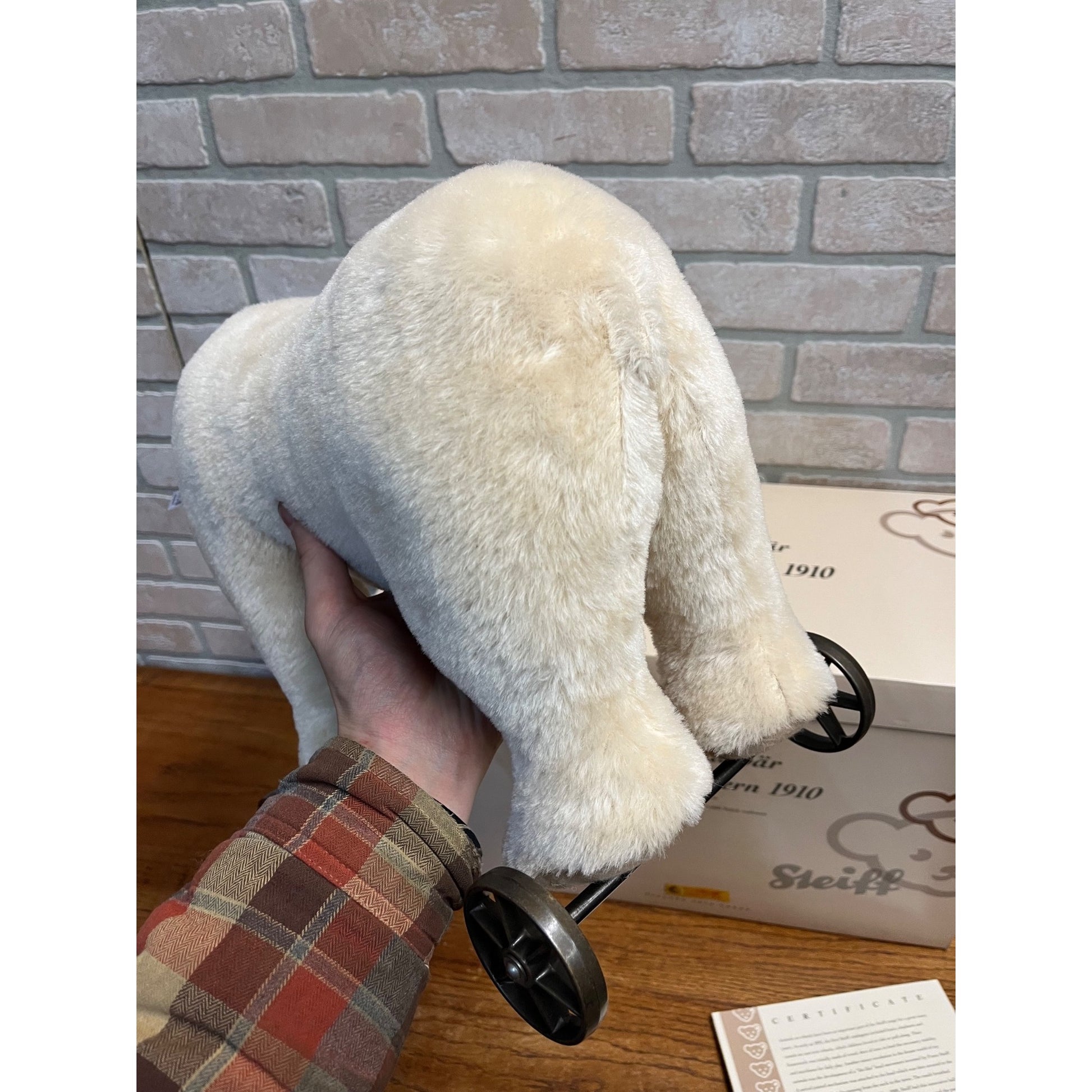 Steiff Polar Bear On Wheels #400544 All Tags, Button, Box 1910 Repro 402/1000