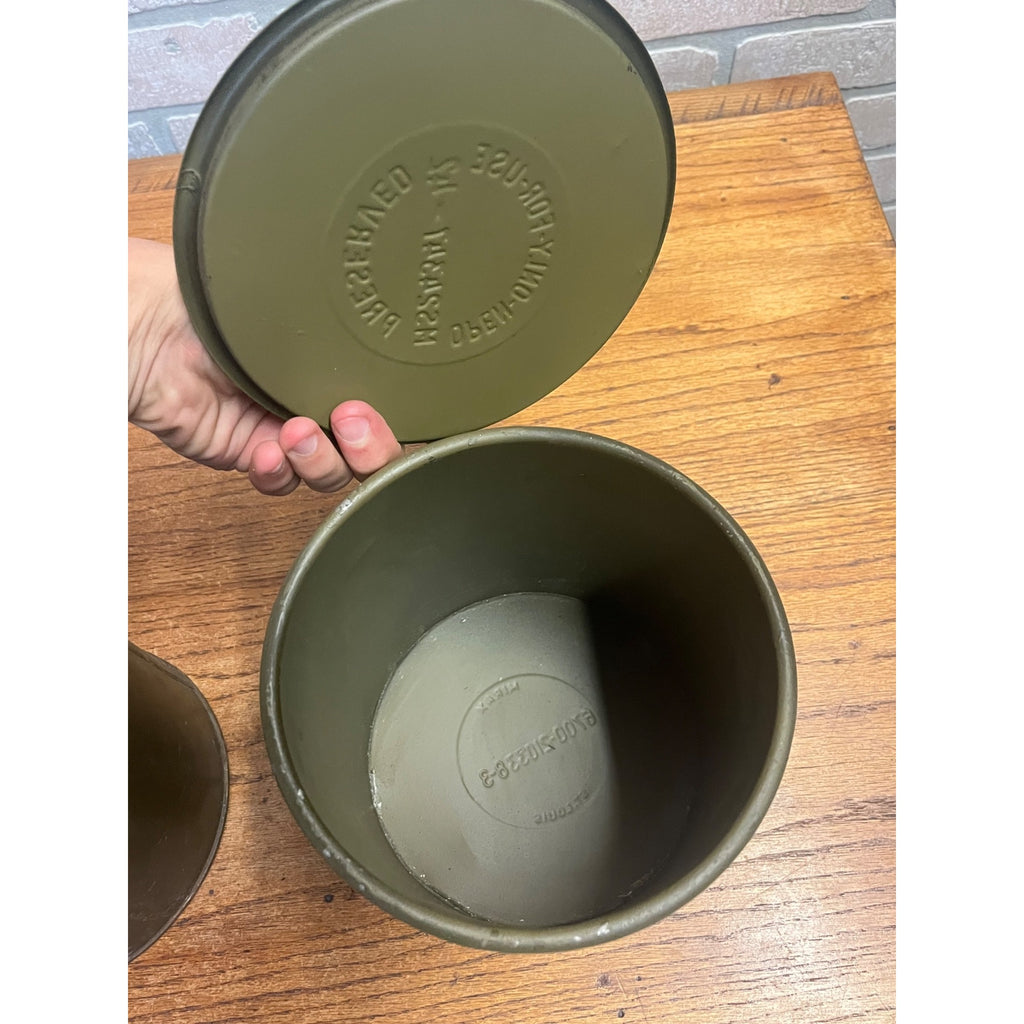 2 Vintage US Military MIRAX Reusable Steel Shipping Drums Containers OD Green