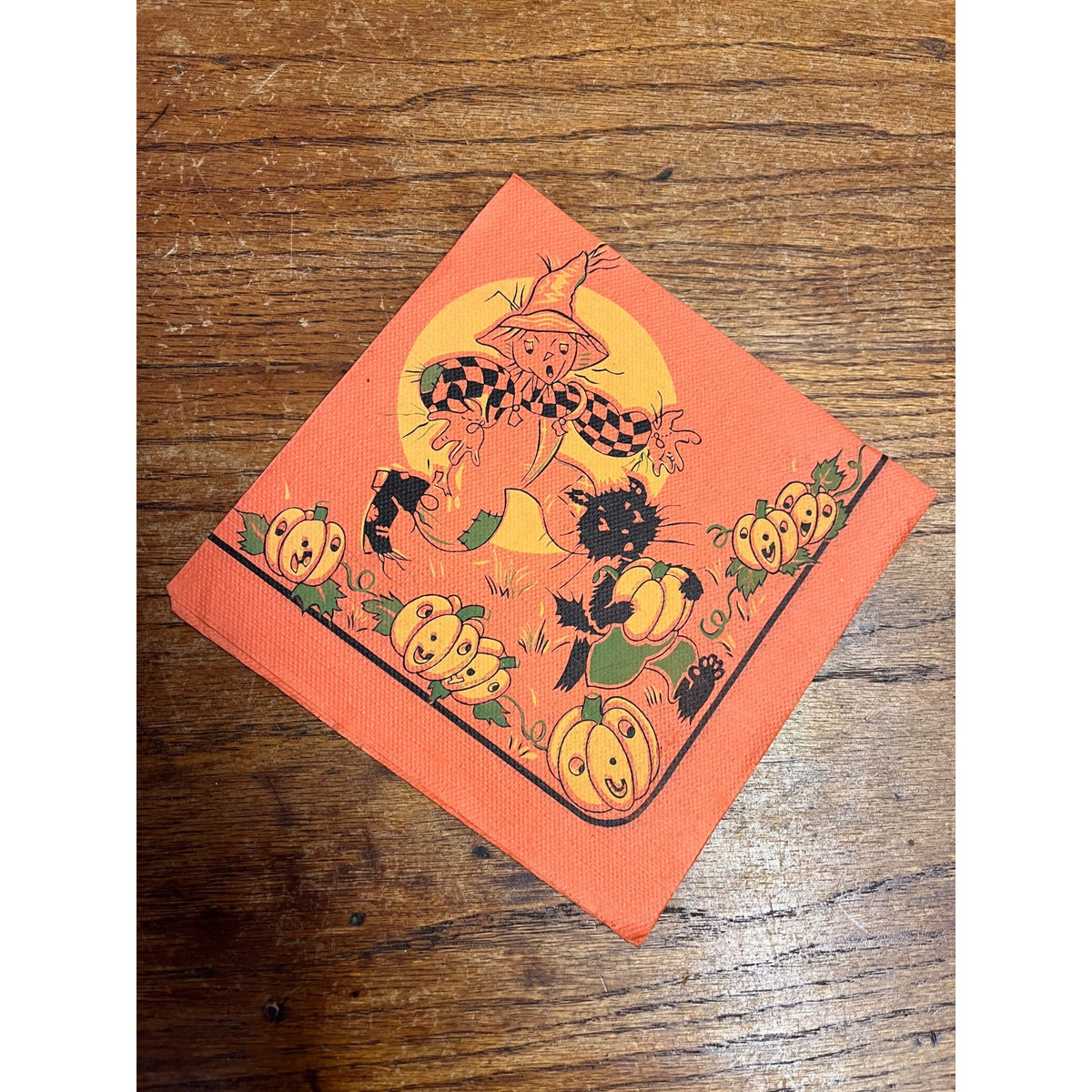 Vintage 1930s Halloween Dennison Crepe Paper Napkin Scarecrow Chasing Black Cat