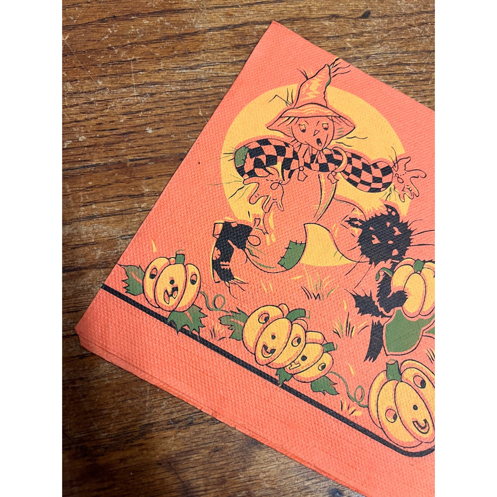 Vintage 1930s Halloween Dennison Crepe Paper Napkin Scarecrow Chasing Black Cat