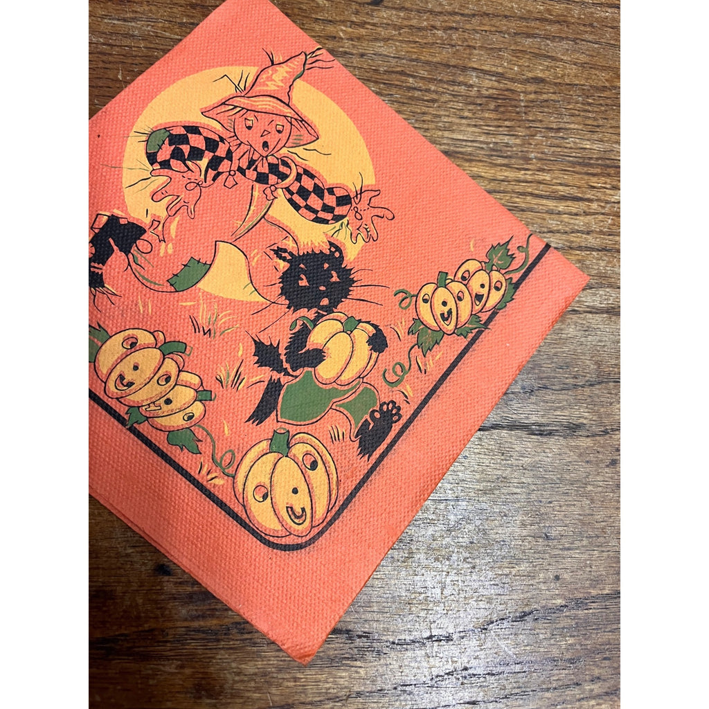 Vintage 1930s Halloween Dennison Crepe Paper Napkin Scarecrow Chasing Black Cat