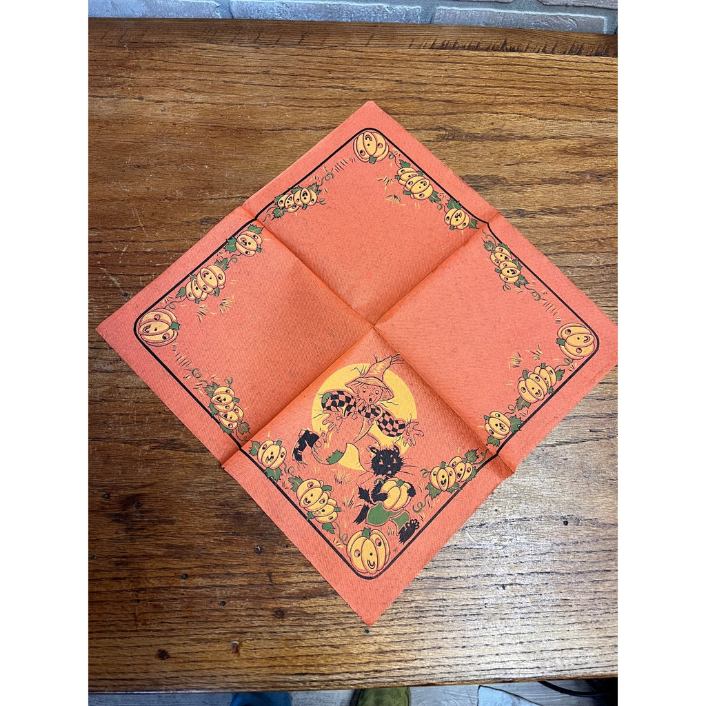 Vintage 1930s Halloween Dennison Crepe Paper Napkin Scarecrow Chasing Black Cat