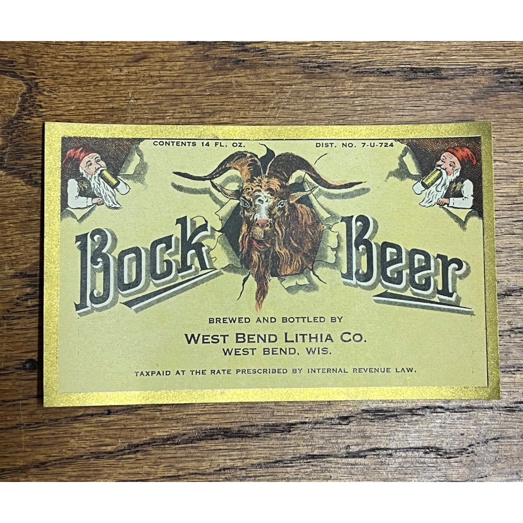 1930s West Bend Lithia Bock Beer Bottle Label IRTP Wis Wisconsin WI