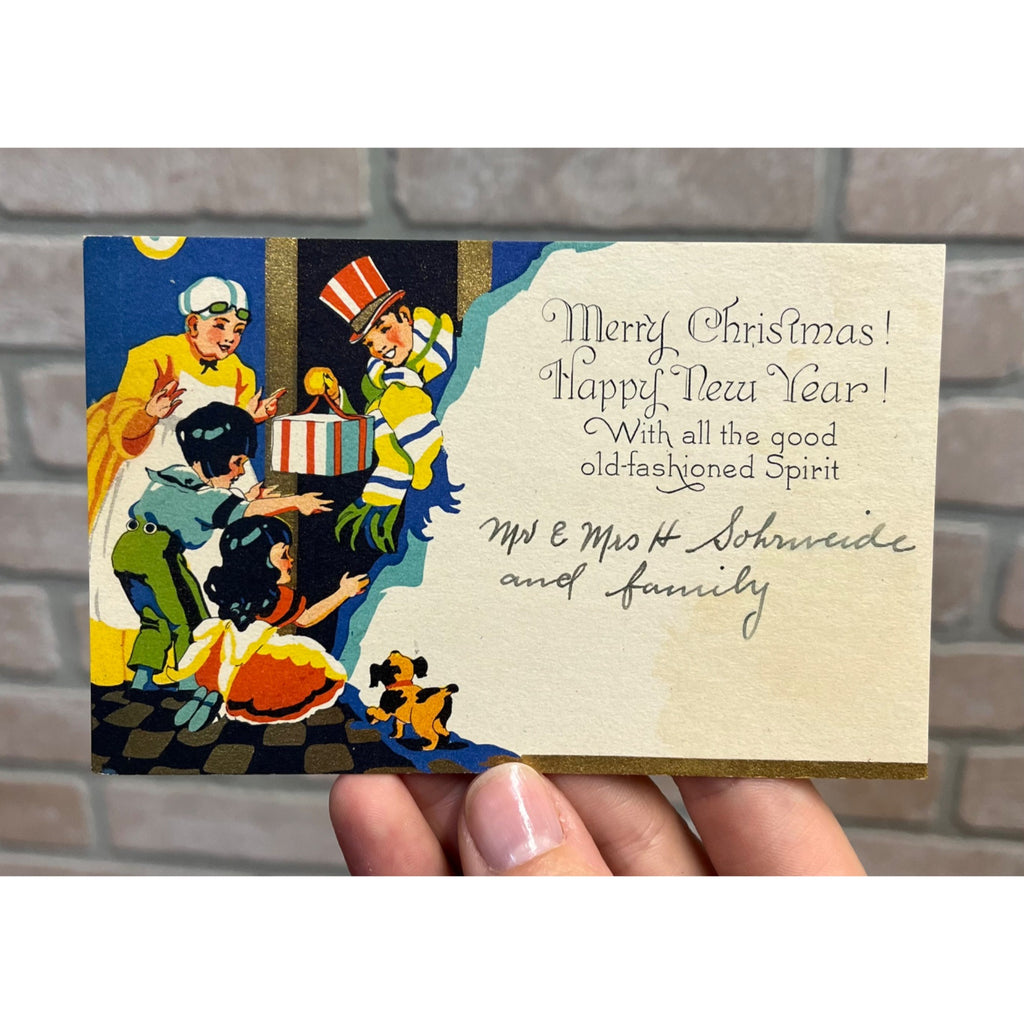 Vintage 1900s Christmas Postcard Art Nouveau Deco Art New Year Dog Children Gift