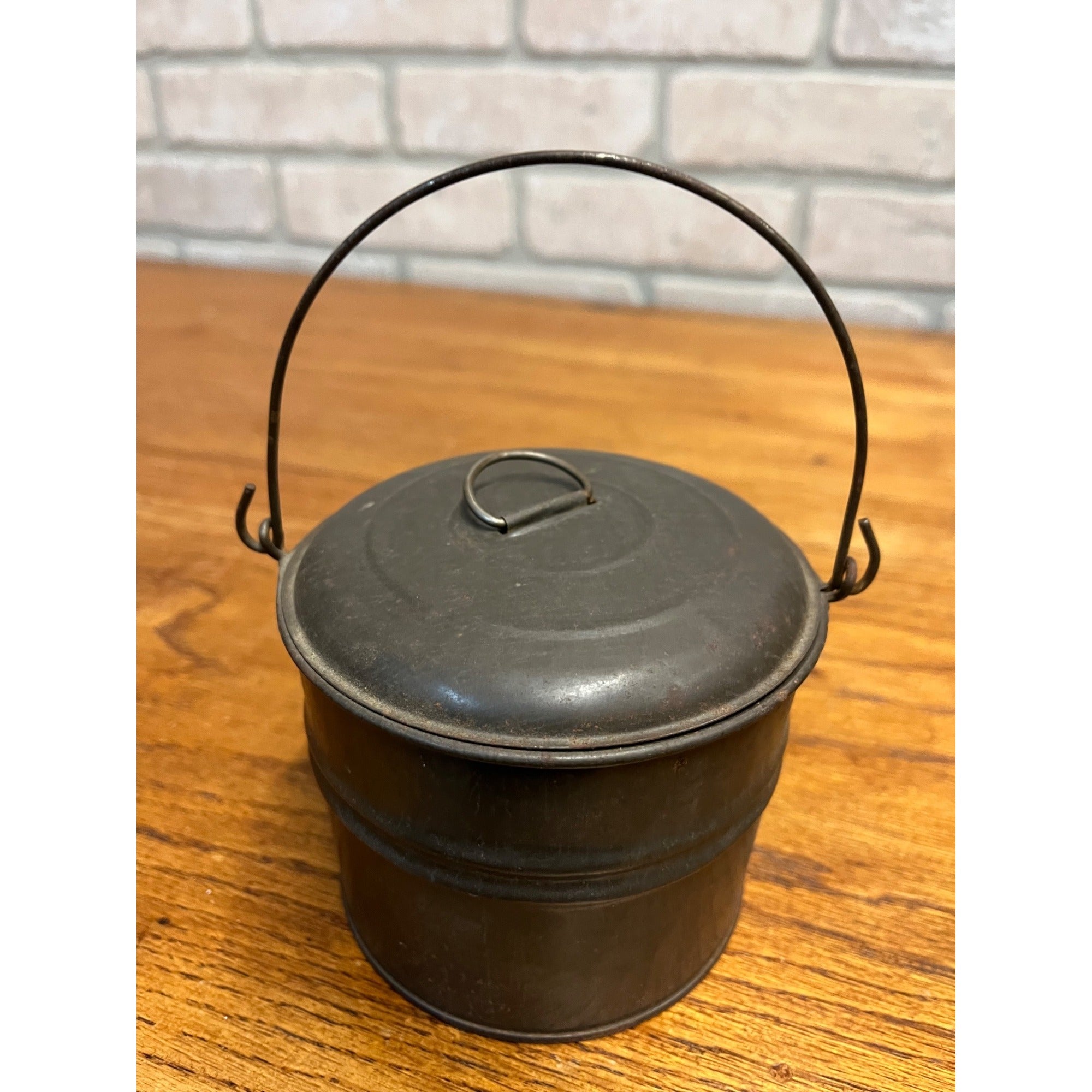 Antique Tin Berry Bucket Lunch Pail Lid Bail Handle Primitive Vintage Farmhouse