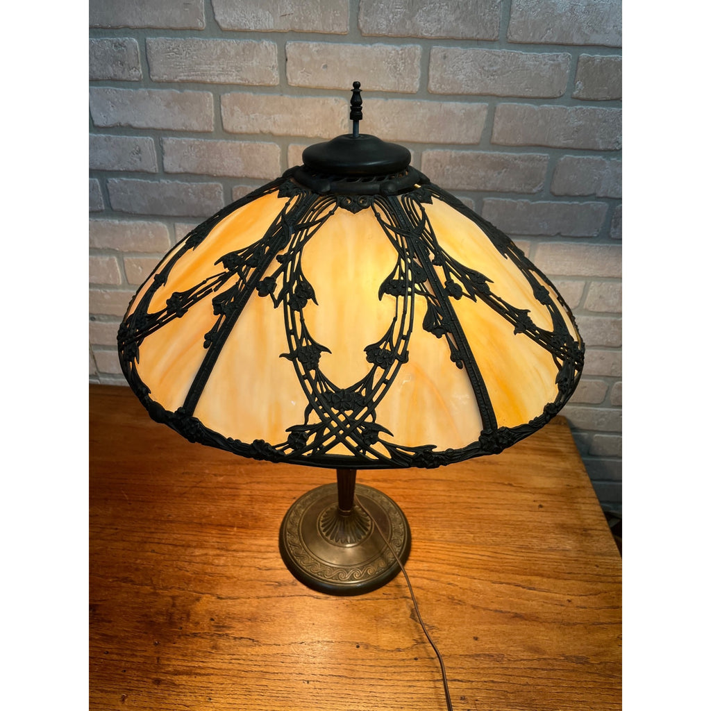 Vintage 1920s Art Nouveau Slag Glass Table Lamp Ornate Floral Pittsburgh Style