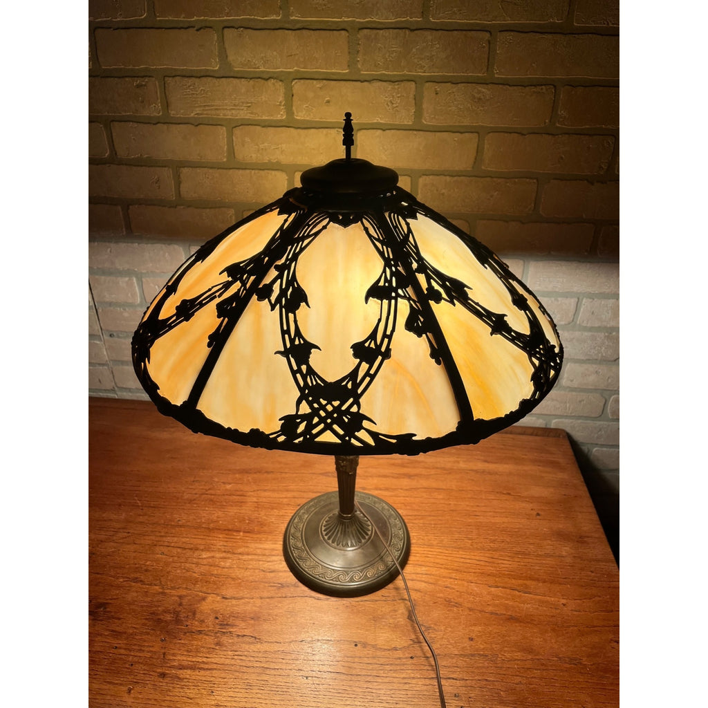 Vintage 1920s Art Nouveau Slag Glass Table Lamp Ornate Floral Pittsburgh Style