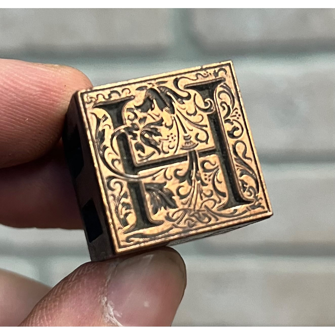 Vintage Letterpress Printing Block Ornate Fancy Letter "H" Copper Monogram
