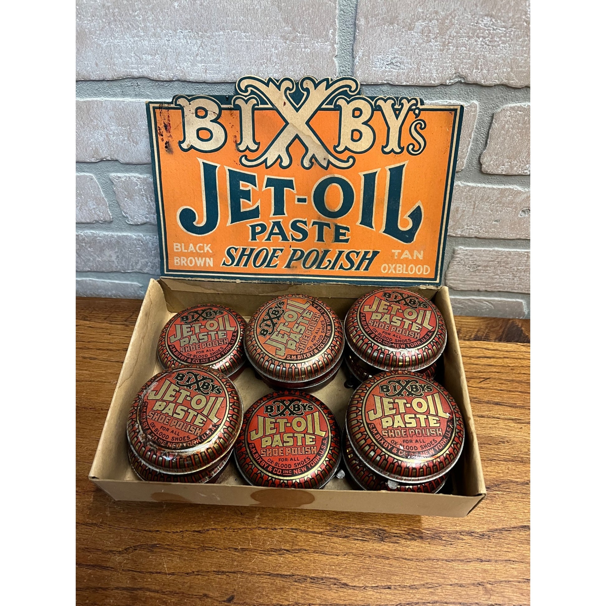 Vintage Bixby’s Jet-Oil Paste Shoe Polish Tins Store Display Advertising Box