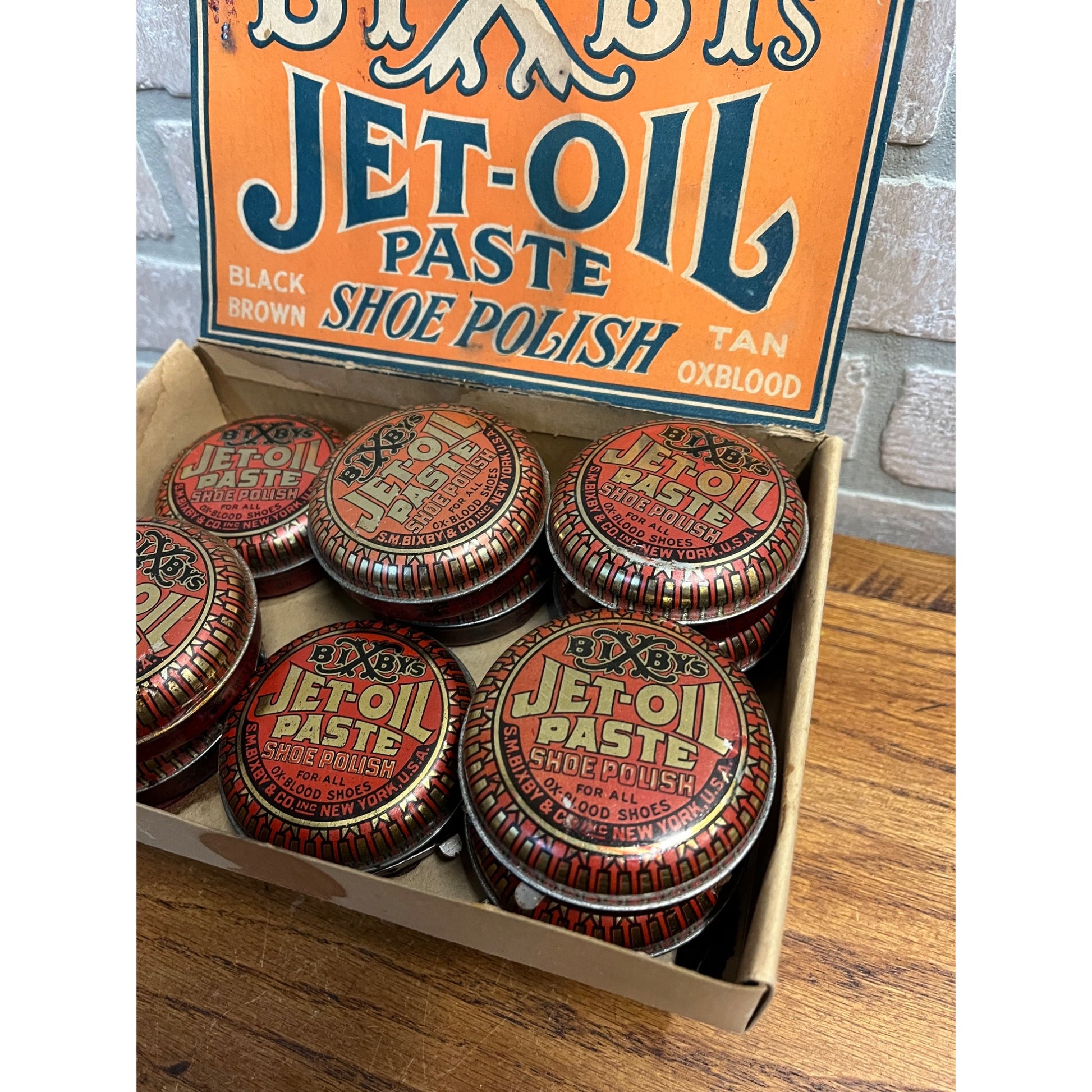 Vintage Bixby’s Jet-Oil Paste Shoe Polish Tins Store Display Advertising Box