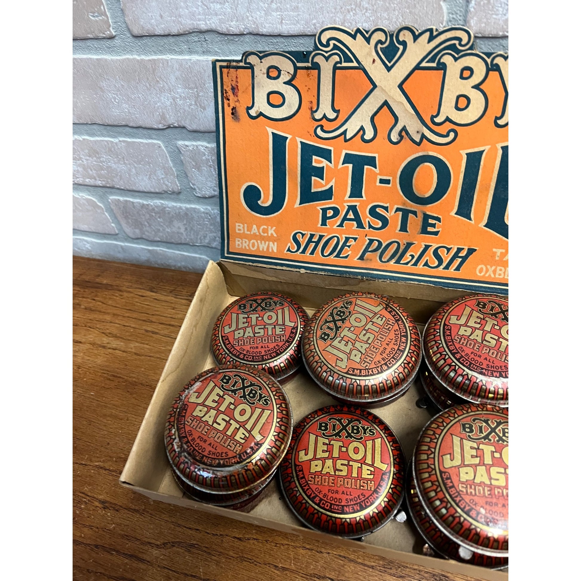 Vintage Bixby’s Jet-Oil Paste Shoe Polish Tins Store Display Advertising Box