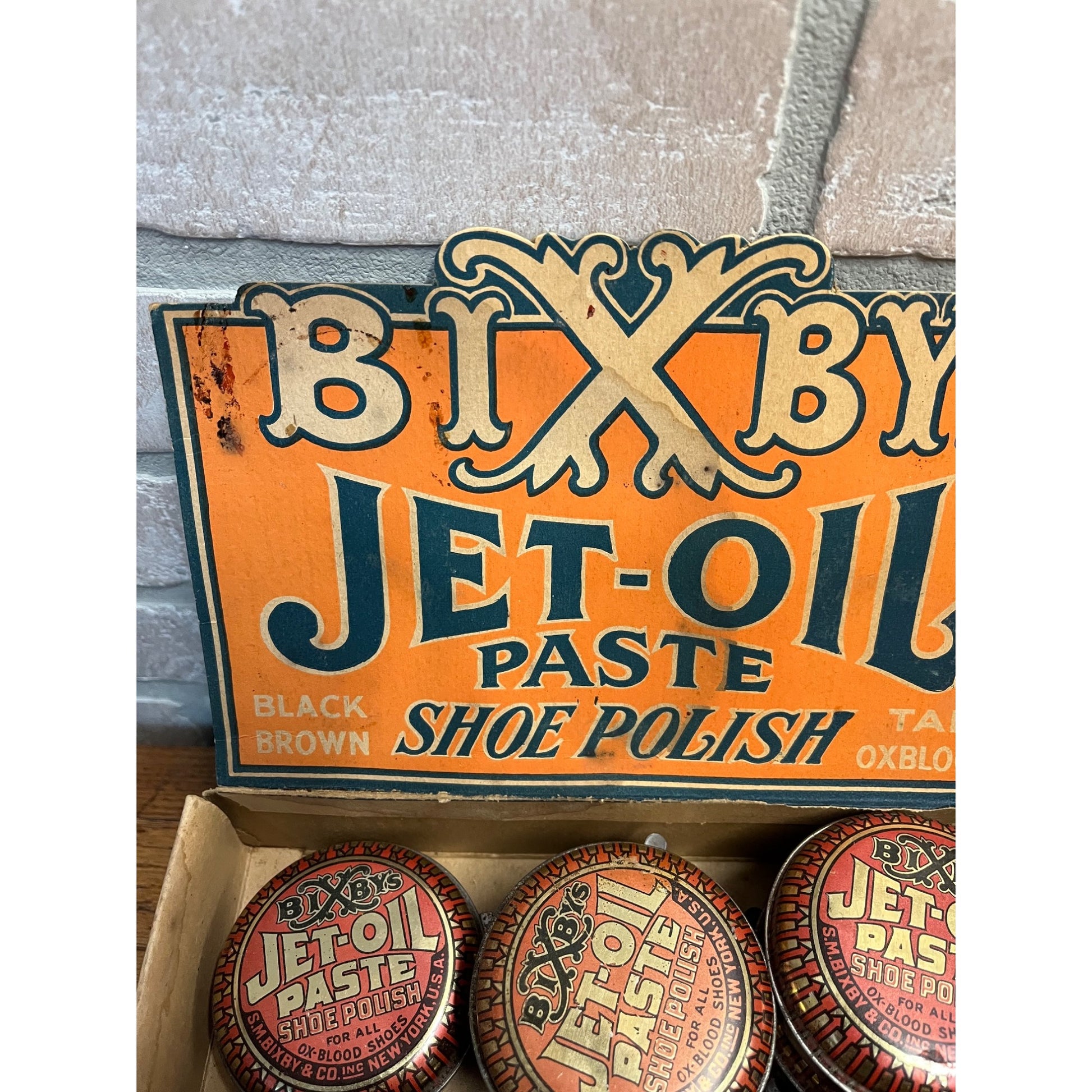 Vintage Bixby’s Jet-Oil Paste Shoe Polish Tins Store Display Advertising Box
