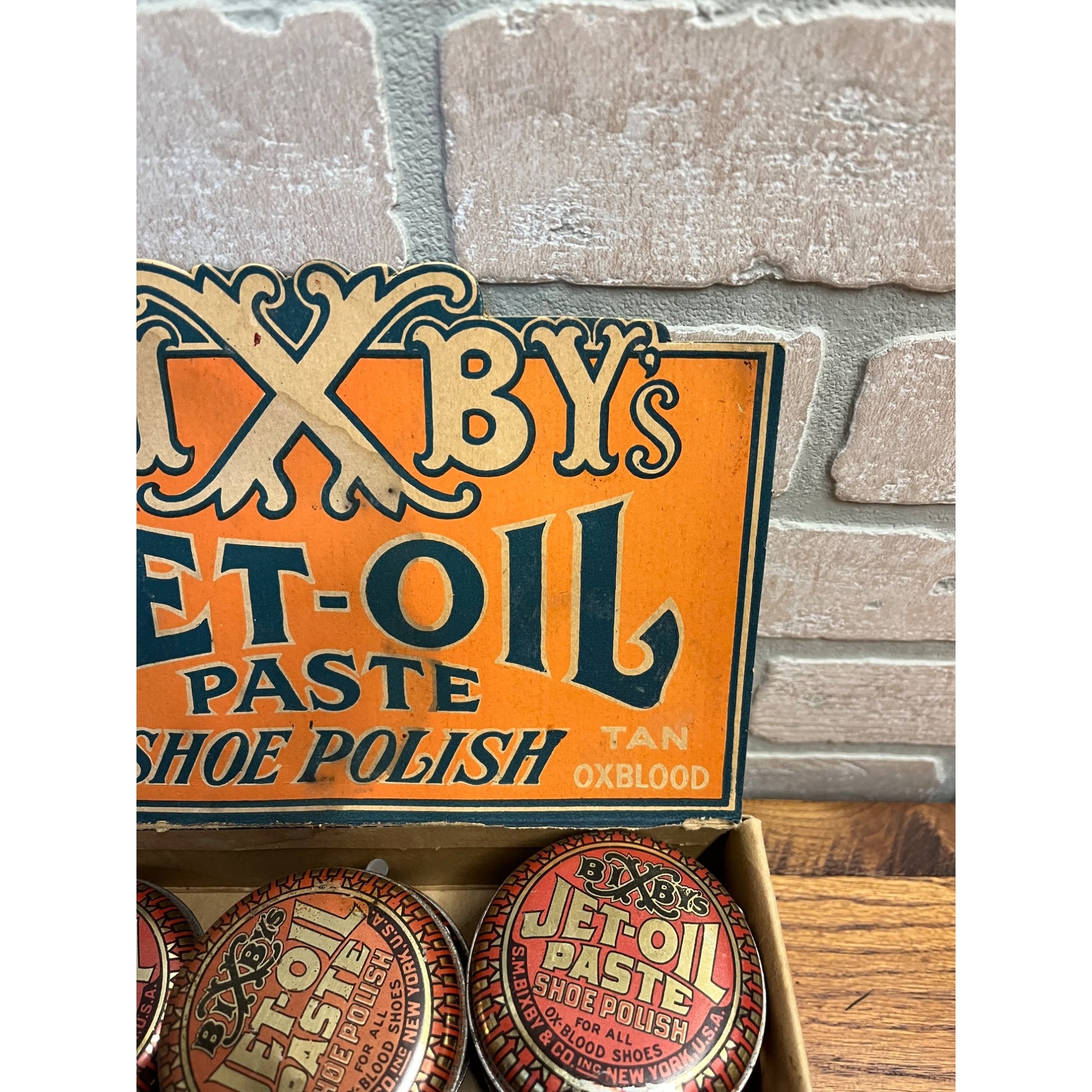 Vintage Bixby’s Jet-Oil Paste Shoe Polish Tins Store Display Advertising Box