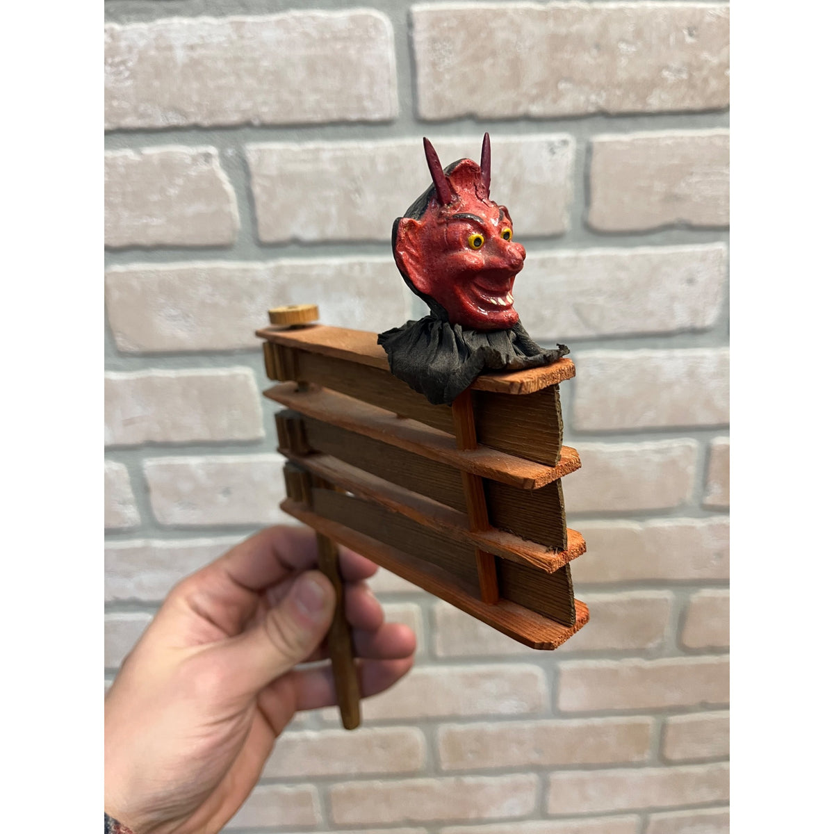 RARE Antique Halloween German Devil Head Ratcheting Wooden Noisemaker Crepe