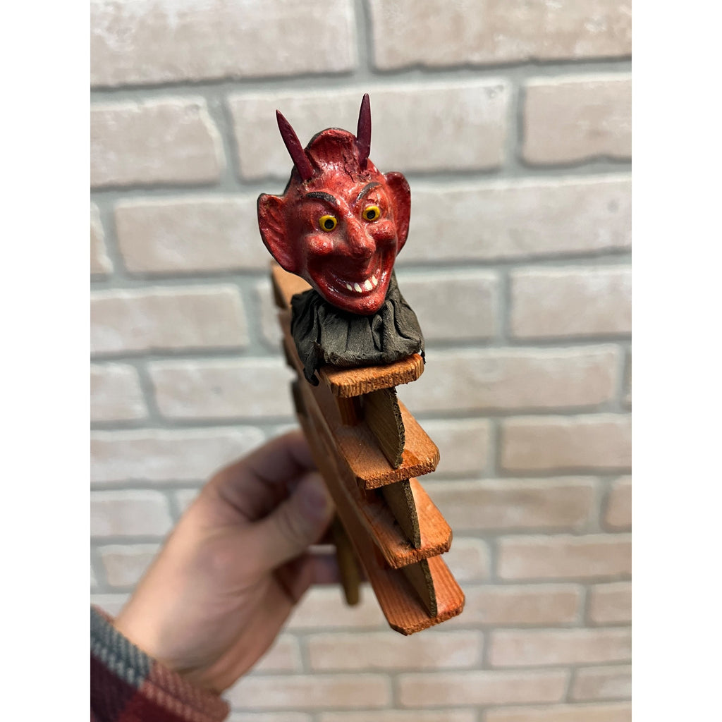 RARE Antique Halloween German Devil Head Ratcheting Wooden Noisemaker Crepe