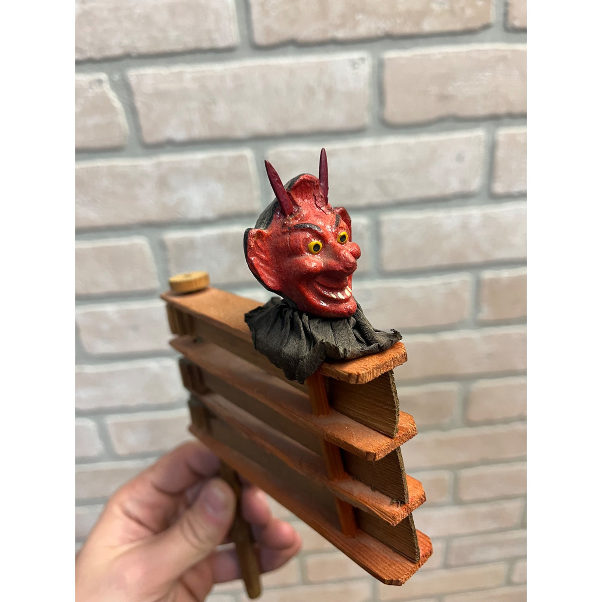 RARE Antique Halloween German Devil Head Ratcheting Wooden Noisemaker Crepe