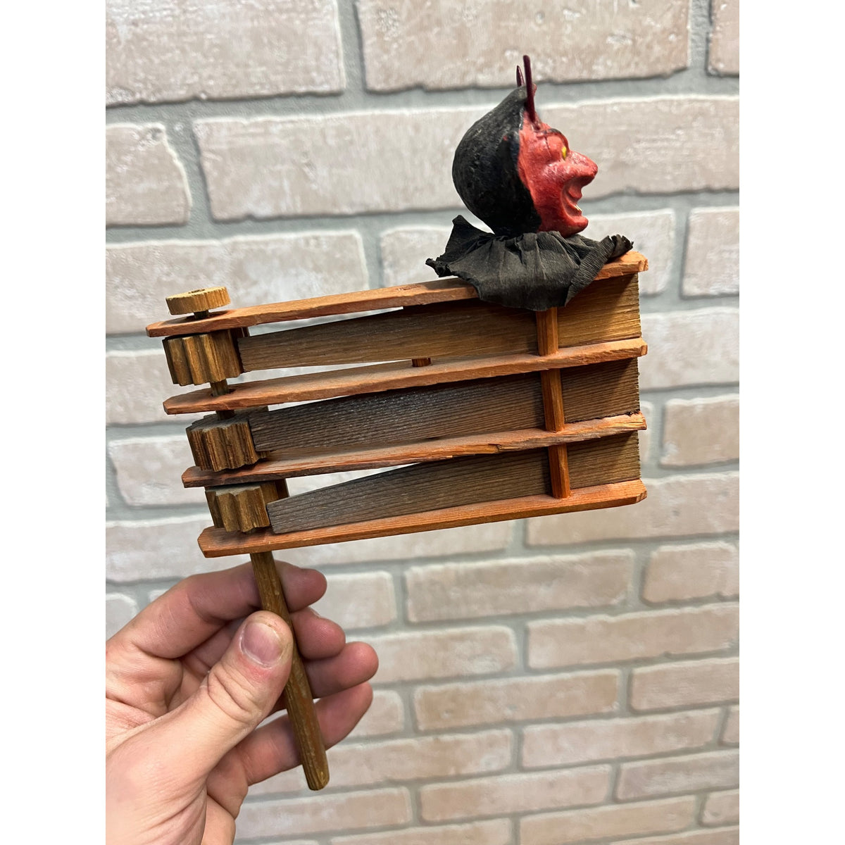 RARE Antique Halloween German Devil Head Ratcheting Wooden Noisemaker Crepe