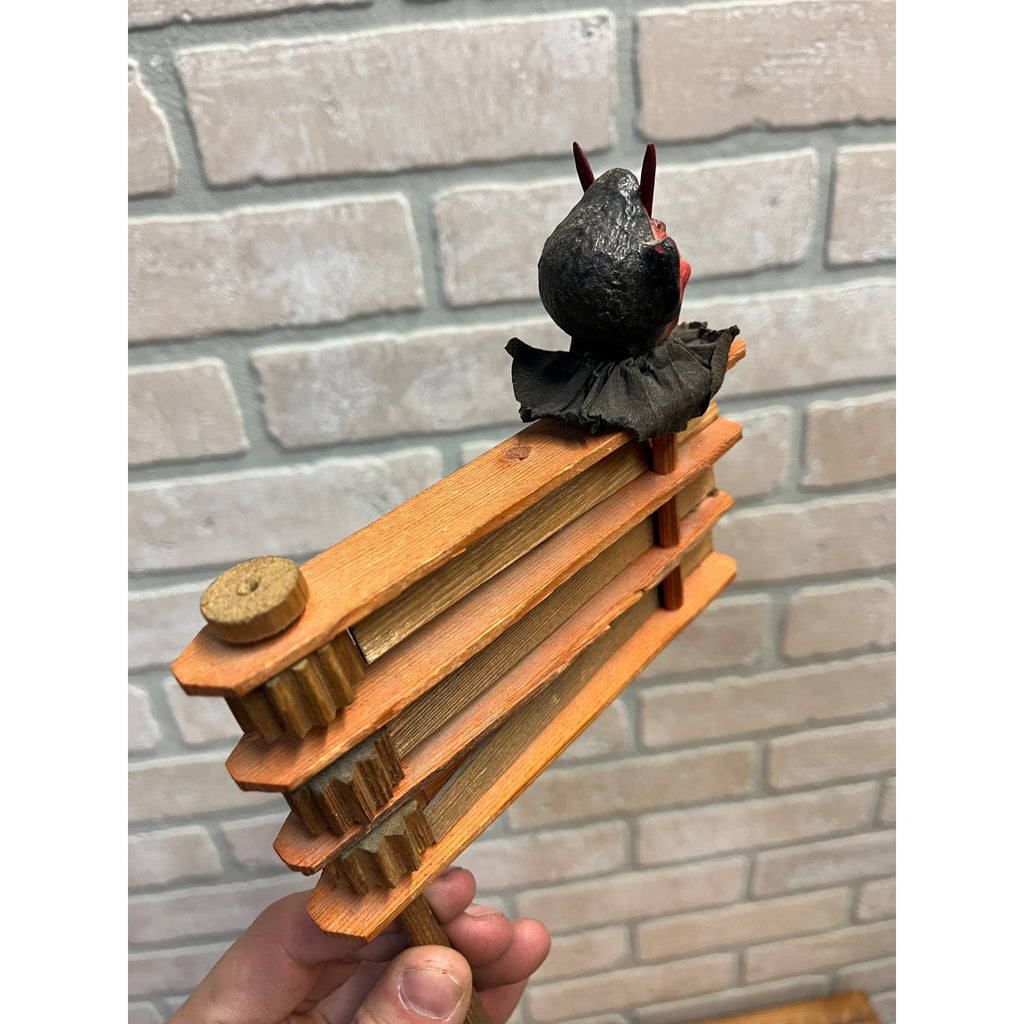RARE Antique Halloween German Devil Head Ratcheting Wooden Noisemaker Crepe