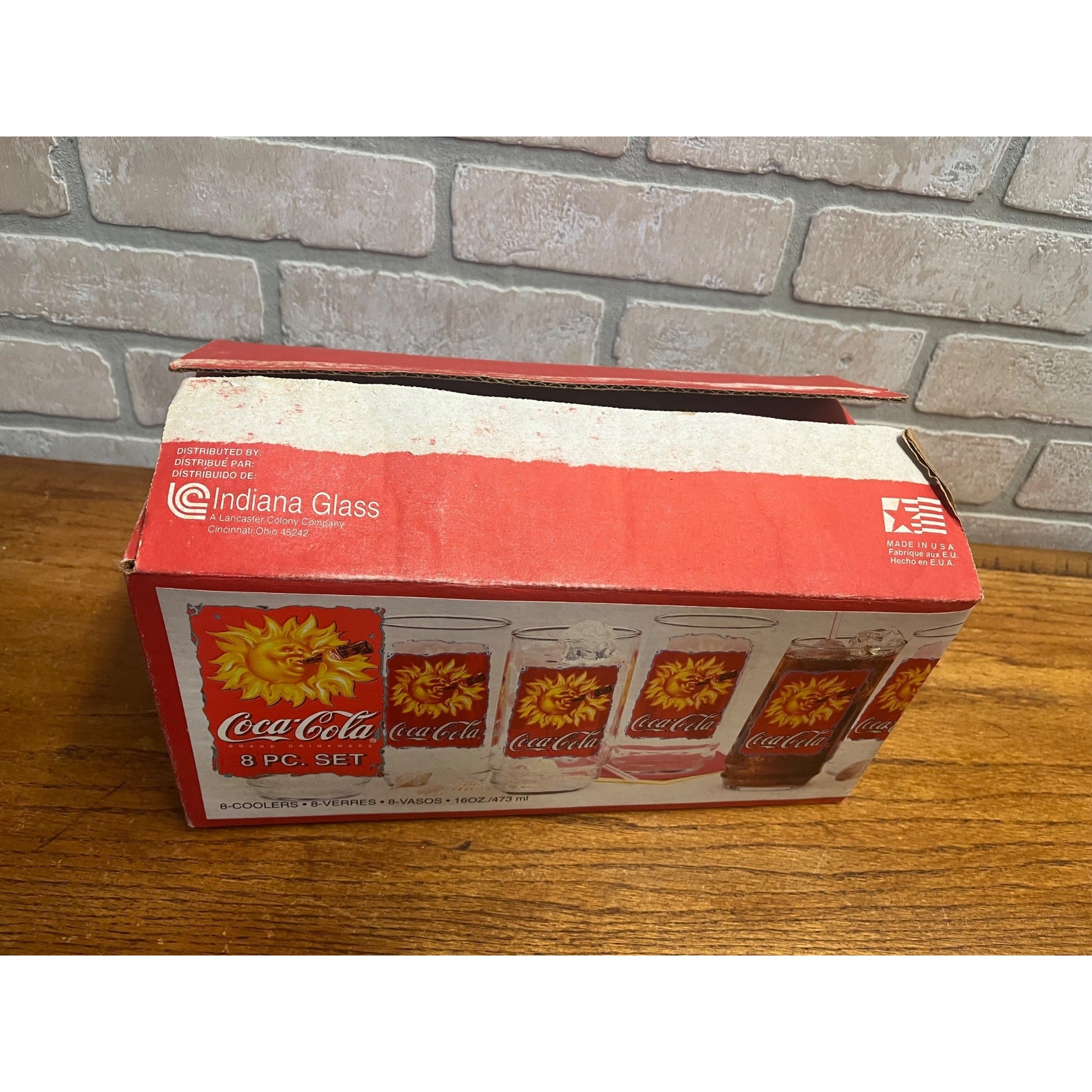Vintage Indiana Glass 1995 Sun Drinking Bottle Coca-Cola Set 8 Glasses w/ Box