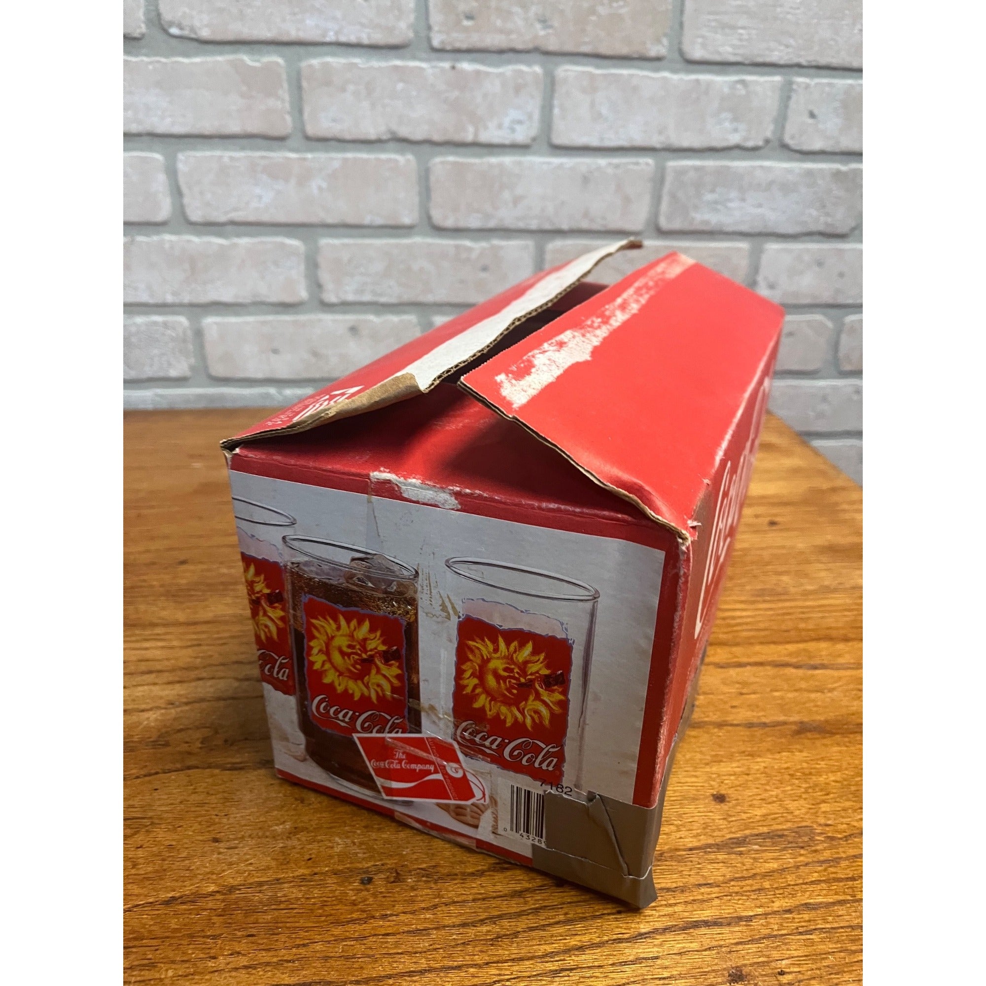 Vintage Indiana Glass 1995 Sun Drinking Bottle Coca-Cola Set 8 Glasses w/ Box