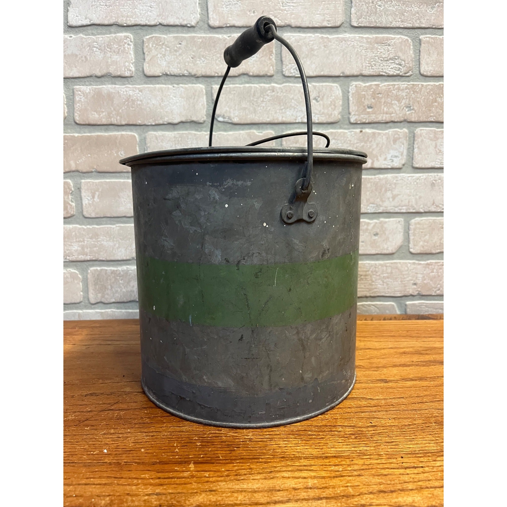 Vintage Metal Minnow Bucket With Lid and Handle With Black Wooden Grip and Green Stripe Decoration Primitive Cabin Decor