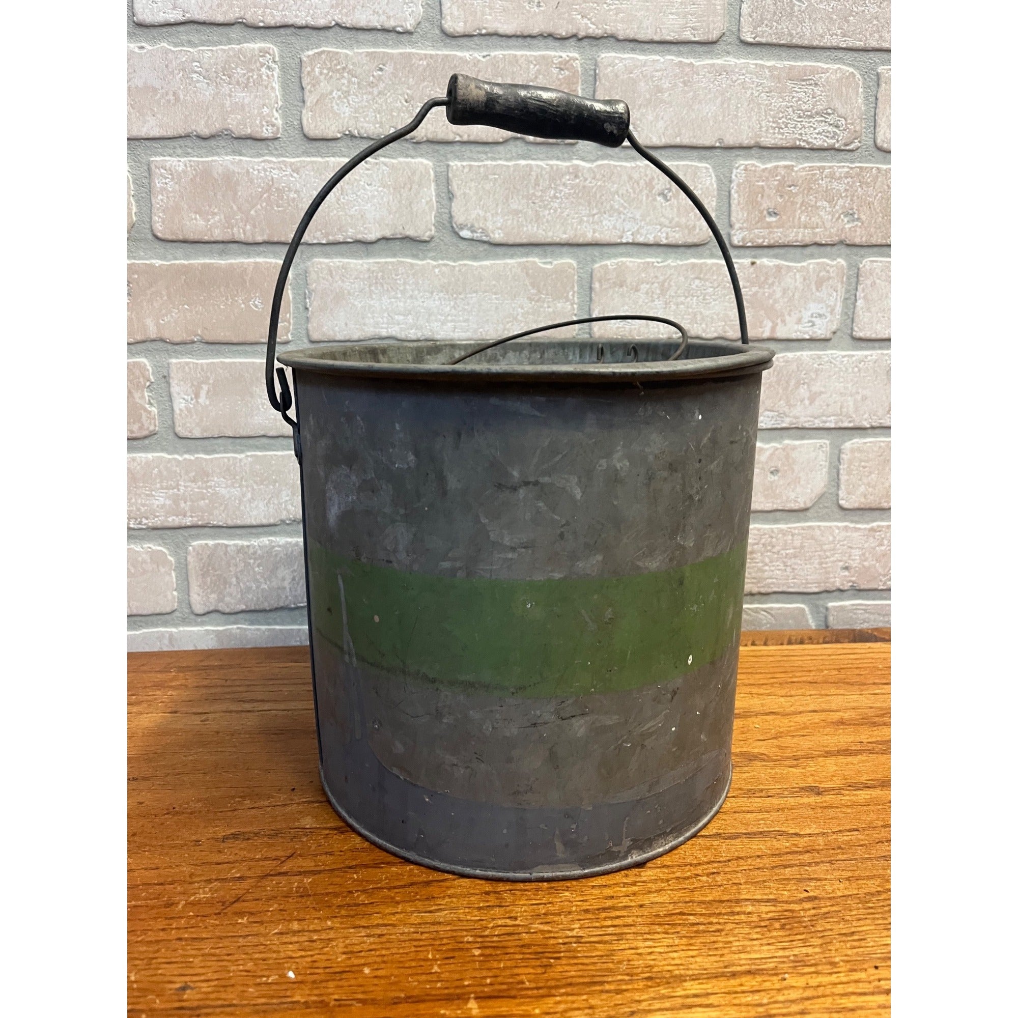 Vintage Metal Minnow Bucket With Lid and Handle With Black Wooden Grip and Green Stripe Decoration Primitive Cabin Decor