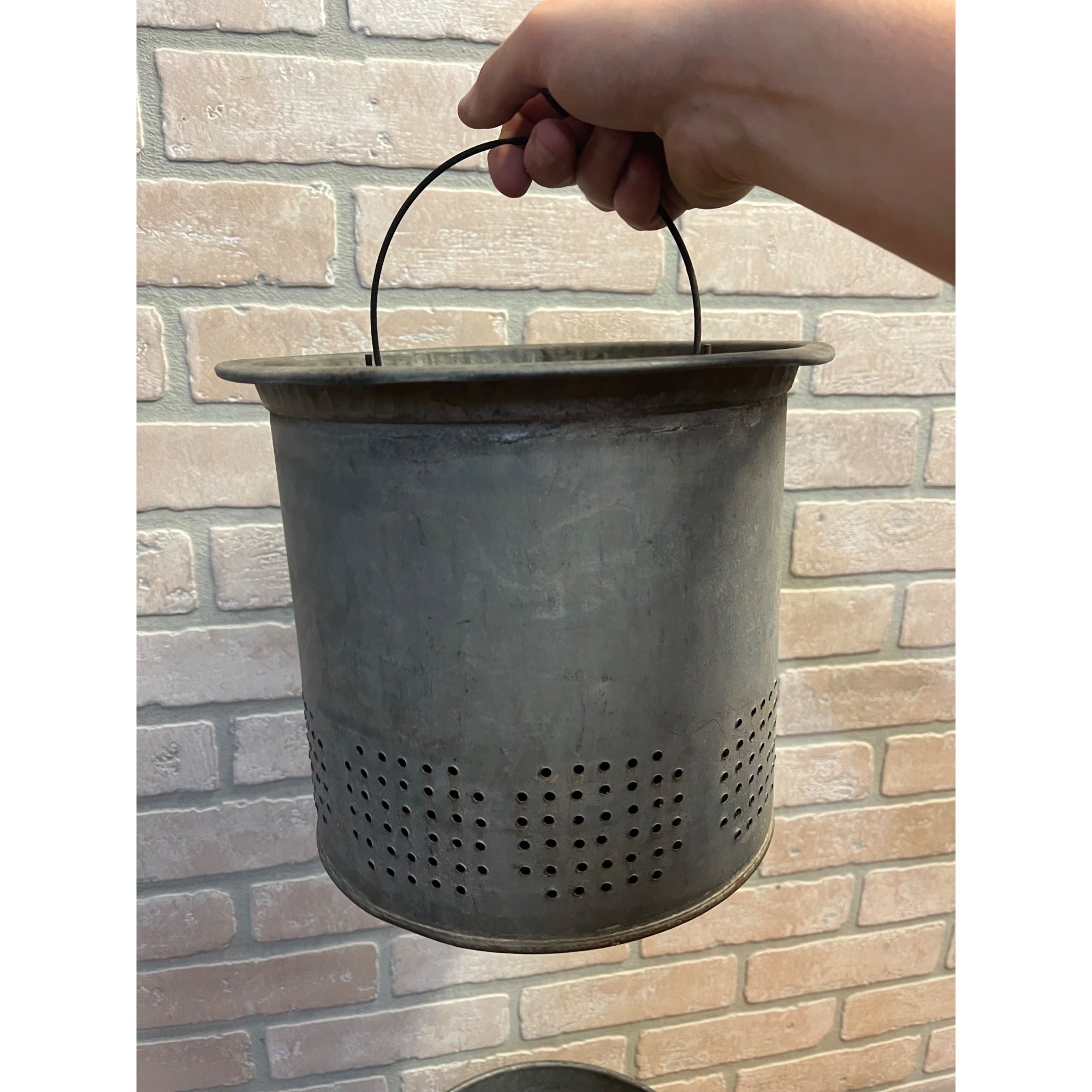 Vintage Metal Minnow Bucket With Lid and Handle With Black Wooden Grip and Green Stripe Decoration Primitive Cabin Decor