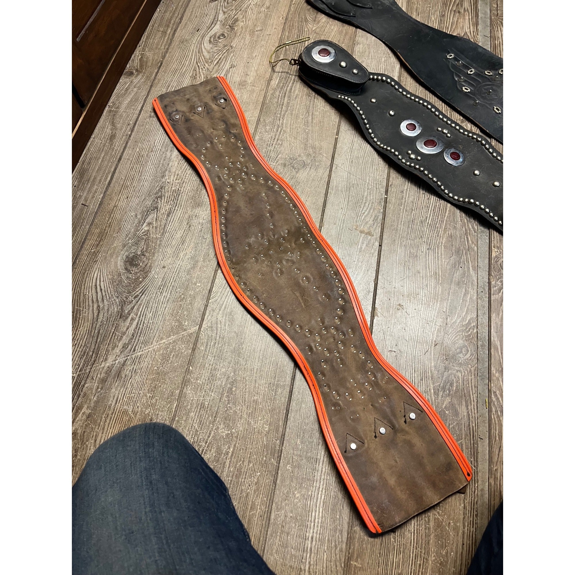 Original Vintage 1930s Leather Motorcycle Kidney Belts Folk Art Americana Garage