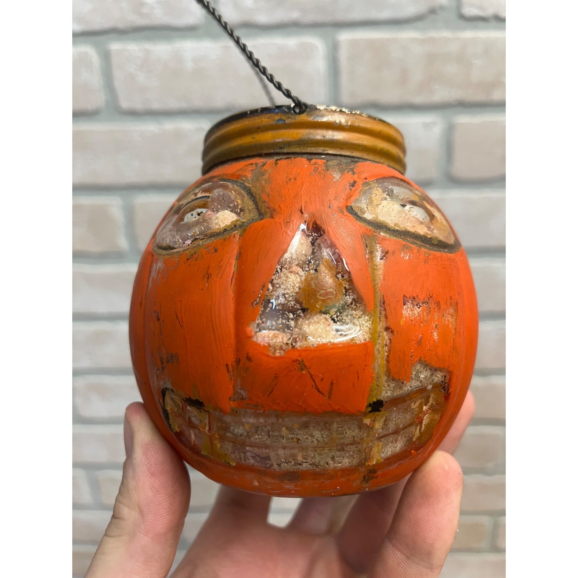 Vintage 1920s Halloween Glass Jack O Lantern JOL Candy Container FULL