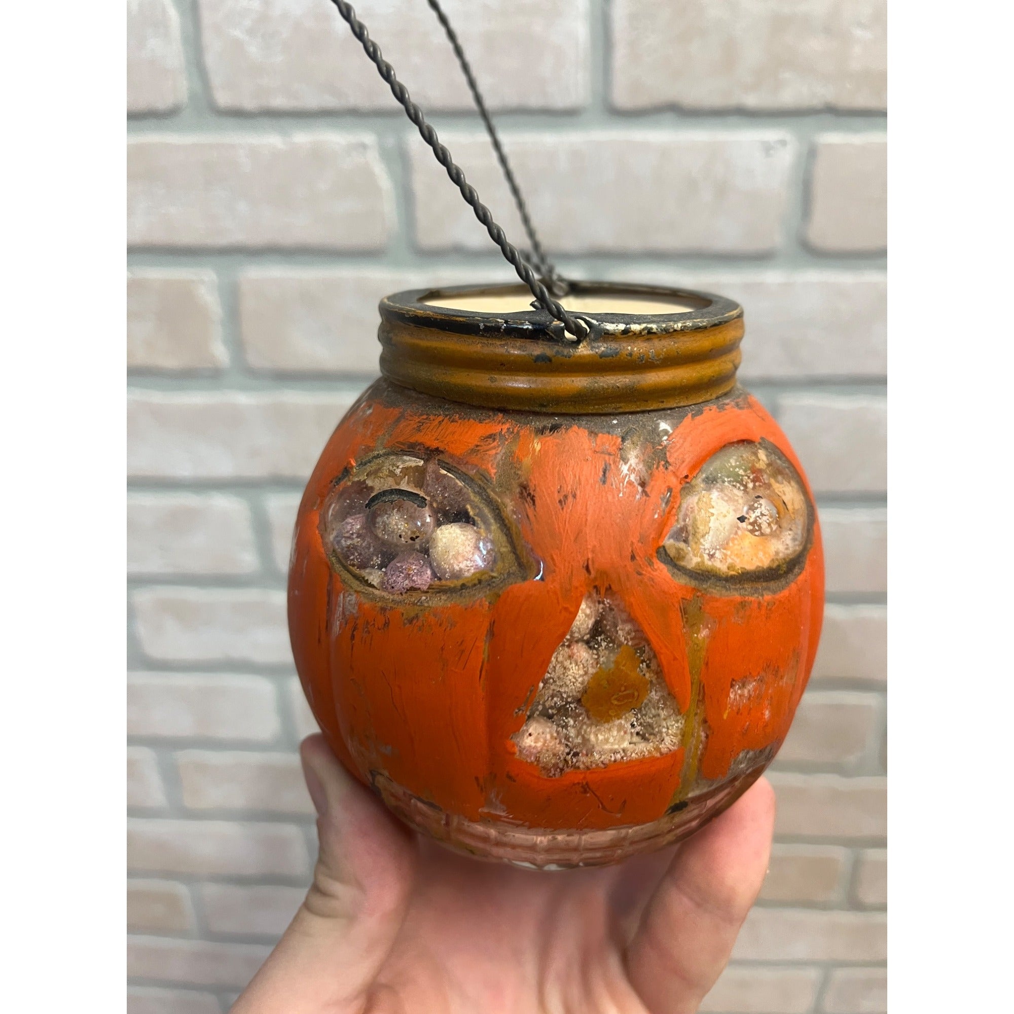 Vintage 1920s Halloween Glass Jack O Lantern JOL Candy Container FULL