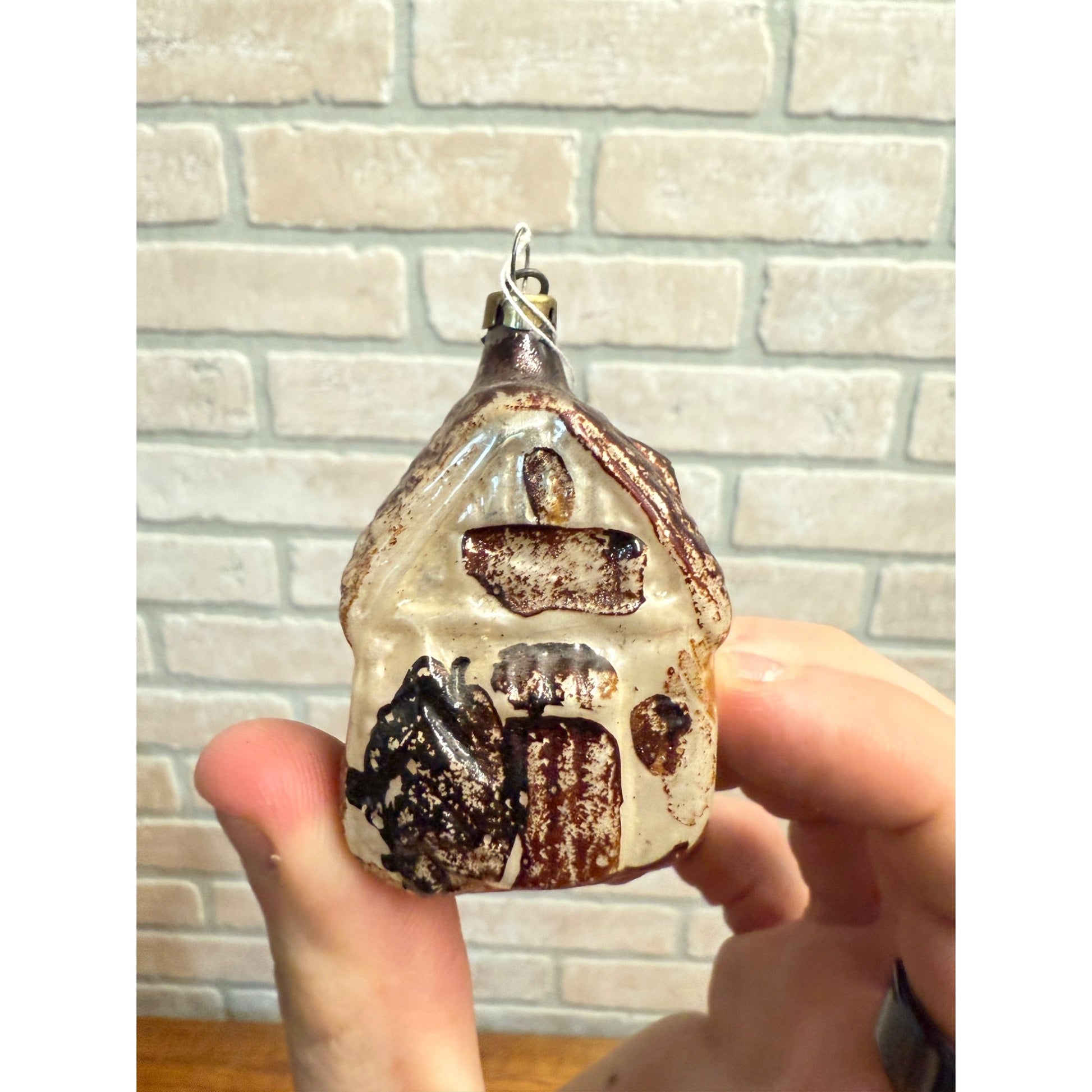 Antique Mercury Glass House w/ Pine Tree Christmas Ornament  German