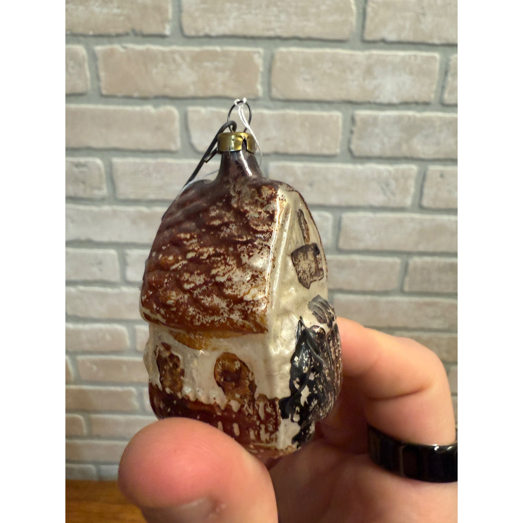 Antique Mercury Glass House w/ Pine Tree Christmas Ornament  German